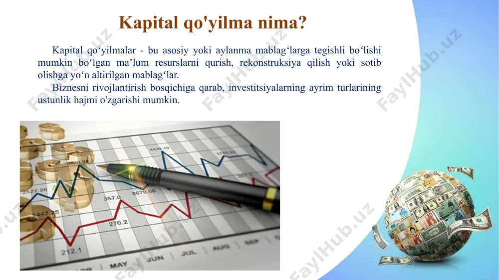 ga oladi. masalan - ichki ishlab chiqarishni rivojlantirish va optimallashtirish xizmati find more powerpoint templates on prezentr.com! kapital qo’yilmalarning o’zini qoplash muddati va iqtisodiy samaradorligi toʻlov muddatiturli korxonalar o'rtasidagi iqtisodiy ko'rsatkichlarni solishtirganda kapital fondlarga investitsiyalar juda katta farq qiladi. qoida tariqasida, kichik korxonalarda bu yirik korxonalarga qaraganda ancha past. kichik zavodning asosiy fondlarini yangilash odatda 3-4 yil ichida to'lanadigan sarmoyani o'z ichiga oladi. xuddi shunday modernizatsiyaga ega yirik zavod, qoida tariqasida, kapital qo'shilgan qiymatdan foyda ko'rinishida qaytarilgunga qadar taxminan 10 yil ishlashi kerak. find more powerpoint templates on prezentr.com! kapital qo’yilmalarning iqtisodiy samaradorligini qanday baholash mumkinligini ko’rib chiqamiz. aslida, tegishli investitsiyalarning iqtisodiy samarasi qanchalik tez bo'lishi ko'p jihatdan kompaniya muvaffaqiyati va raqobatbardoshligini belgilaydi. find more powerpoint templates on prezentr.com! ko'rib chiqilayotgan investitsiyalarning iqtisodiy samaradorligi deganda, odatda, asosiy vositalarni qurish, rekonstruksiya qilish yoki sotib olish bilan bog'liq xarajatlar bilan foyda ko'rinishidagi natijalar o'rtasidagi nisbat tushuniladi. find more powerpoint templates on prezentr.com! …