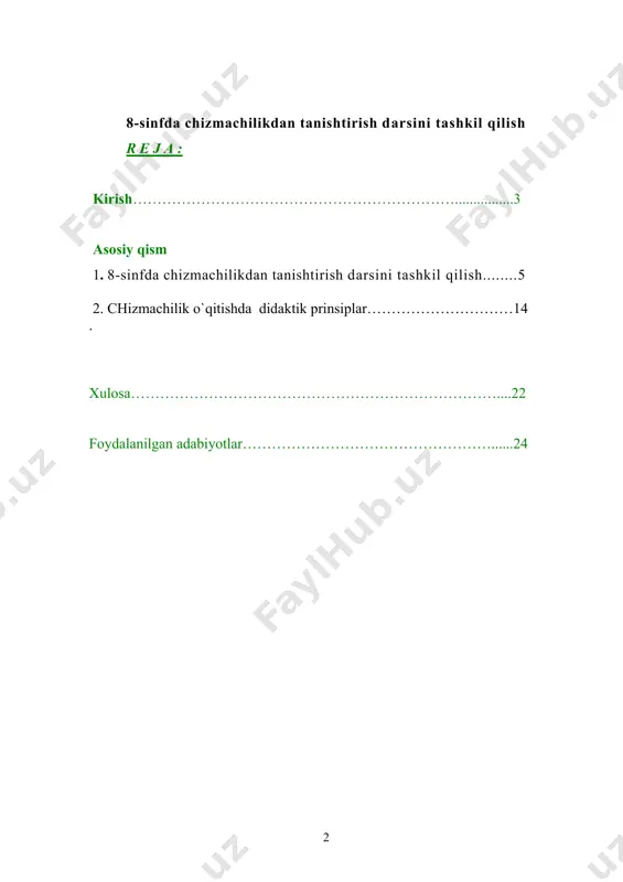 ining ustida to`xtalib o`tishga imkon beradi. chizmachilik fanini yaxshi o`zlashtirib olinsa, proektsion mashinasozlikda, arxitektura, perspektiva bilishlarida as qotadi.xulosamning mazmuni shundan iboratki, geometrik va proektsion chizmachilikda grafik ishlarni ishlash ularni amalga oshirish davomida ishlarni qonun –qoidaga binoan chiziq turlari va ketma-ketlik bajarilishi haqida malakaviy ishimning yozmasida keng va tushunarli qilib yoritishga harakat qildim. fan va texnikani rivojlavntirish malakali xodimlar tayyorlash, ularni tarbiyalash esa, uz navbatida, ta`lim-tarbiya orqali amalga oshiriladi. bu, umumta`lim maktablarida o`quvchilarni sinfdan tashqari tarbiyaviy ishlar jarayonida hal qilishni taqoza etadi. ayniqsa texnika taraqqiyoti va me`morchilik ravnaqi matematika, handasa, trigonometriya, falakiyot va chizmachilik fanlari bilan bevosita bog`liqdir. fazoviy tasavvurlar, turli loyiha chizmalari chizmachilik qonuniyatlari asosida qog`ozga tushiriladi. o`sha kog`ozdagi chizma-loyihalar muayyan texnologiya or kali jonlantirilib, xalq hayoti va turmushi uchun zarur bүlgan texnologiya ishlab chiqarish vositalari vujudga keltiriladi. demak, inson farovonligini oshirishda chizmachilik fani muhim o`rinni egallaydi. zamonaviy texnologiyani yaratish, korxonalar qurish, ularga yangi texnikaviy asbob-uskunalarni o`rnatish va shu kabilar, …