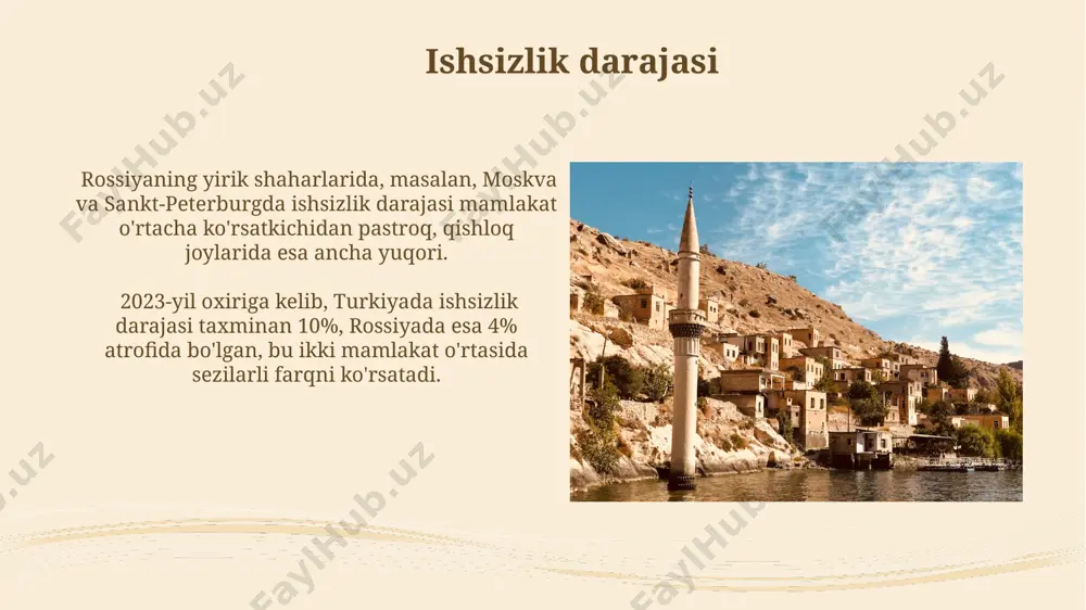 q joylariga nisbatan ancha yuqori bo'lib, rossiyada bu farq turkiyadagiga qaraganda sezilarli darajada katta. kelajak istiqbollari turkiya va rossiyaning 2023-yilgi yaim o'sish sur'ati mos ravishda 4% va 2% atrofida bo'lib, bu ikki davlatning kelajakdagi turmush darajasi istiqbollariga ta'sir qiladi. istanbul va moskva kabi yirik shaharlardagi yashash narxi farqi sezilarli bo'lib, bu ikki mamlakat aholisining turmush darajasi bo'yicha taqqoslashni murakkablashtiradi. uy-joy sharoitlari turkiyaning istanbul shahrida o'rtacha uy-joy maydoni 70-80 kvadrat metrni tashkil etadi, bu rossiyaning moskva shahridagi o'rtacha ko'rsatkichdan (50-60 kvadrat metr) yuqori. turkiyaning qiruv hududlarida uy-joy etishmovchiligi 30% atrofida, rossiyaning sibir hududlarida esa bu ko'rsatkich 20% dan yuqori bo'lib, ikki davlatda ham ijtimoiy muammolarni keltirib chiqaradi. ta'lim tizimi rossiyada oliy ta'lim muassasalarining 70% dan ortig'i davlat tomonidan moliyalashtiriladi, bu esa moskva va sankt-peterburg kabi yirik shaharlardagi ta'lim sifatiga sezilarli darajada ta'sir qiladi. rossiya va turkiya ta'lim tizimlarida talabalar soni o'sish sur'atlari farq qiladi, rossiyada 2020 yildan 2022 yilgacha 5% ga, …