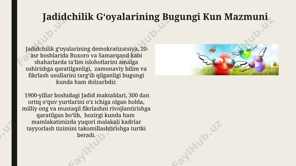 a jahon tillarini o‘qitishga alohida e’tibor qaratildi. jadidchilik harakati natijasida milliy ongning uyg‘onishi va 5000 dan ortiq o‘quvchi o‘zbek, rus va turk tillarini o‘rganib, milliy taraqqiyotga hissa qo‘shdi. ijtimoiy islohotlar va yangilanishlar ijtimoiy islohotlar va yangilanishlar doirasida 1900-yillarning boshlarida buxoroda 20 dan ortiq yangi maktab ochilib, zamonaviy ta’limga 5000 dan ziyod o'quvchi jalb qilingan. islom dinini qayta talqin qilishga qaratilgan ijtimoiy islohotlar natijasida, 1910-yillarga kelib, samarqand va toshkentda 3 ta yirik islom universiteti tashkil etildi. jadidchilik gʻoyalari: taʼrif va mohiyati islomni qayta talqin qilish, zamonaviy fan va texnologiyalarni oʻrganish, milliy madaniyatni rivojlantirish jadidchilikning 3 ta muhim yoʻnalishi edi, 100 dan ortiq maktab ochildi. jadidchilik gʻoyalari 19-asr oxiri 20-asr boshlarida turkiston, rossiya imperiyasi hududida paydo boʻlgan milliy uygʻonish harakatining asosiy tamoyillarini ifoda etdi. madaniy-maʼrifiy islohotlar islohotlar natijasida 20 dan ortiq yangi maktab va kutubxonalar qurildi, 500 dan ziyod oʻqituvchi tayyorlandi, bu esa turkiston mintaqasida savodxonlik darajasining oshishiga olib keldi. madaniy-maʼrifiy islohotlar …