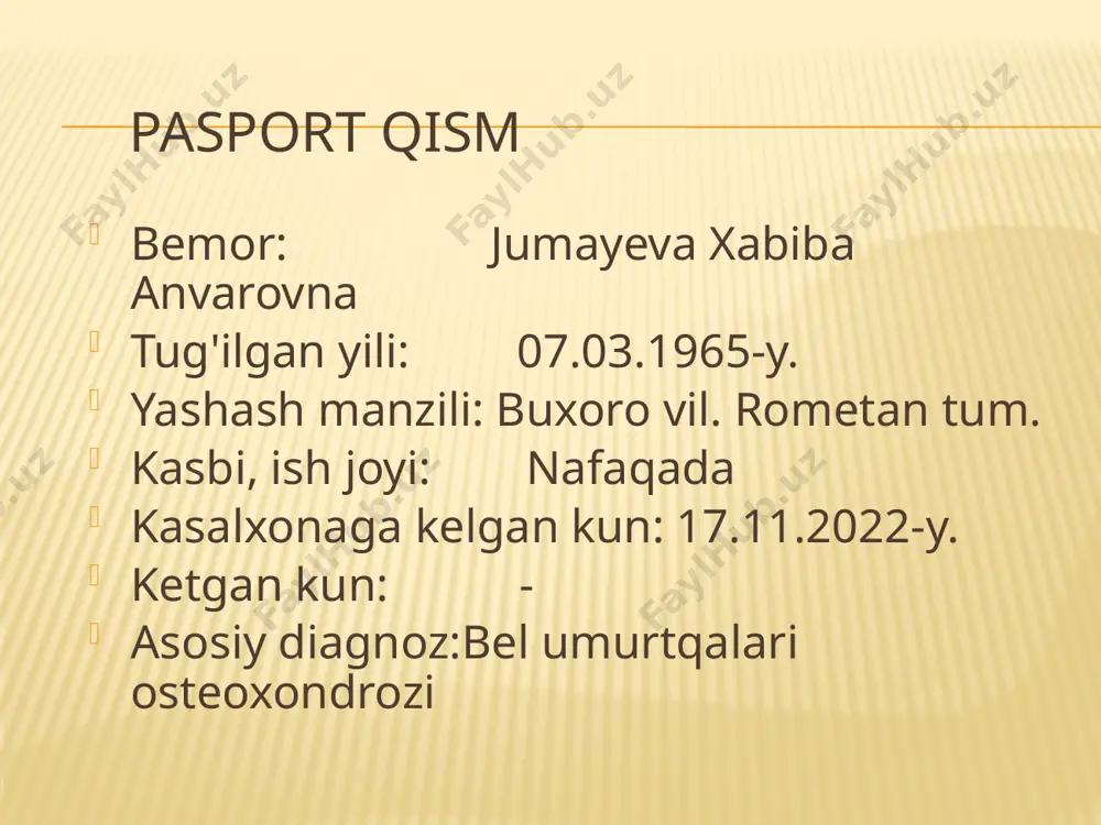 ili toza va nam, ko'rinadigan shilliq qavatlari och pushti rangda toza, periferik limfa tugunlari kattalashmagan. suyak-bo'g'im sistemasi deformatsiyasiz. gavdasi normostenik. o'pkasida vezikulyar nafas, nos-17ta/min. yurak tonlari bo'g'iq, puls-77ta/min, ritmik a/b- 120/90mm.sim.ust. qorni yumshoq, og'riqsiz, jigar va taloq paypaslanmaydi. ich kelishi va diurez regulyar. nafas olish sistemasi nafas olish burni orqali ravon, nafas harakatlari ko'krak tipida, ko'krak qafasi simmetrik, silindrik. gavdasi normostenik. ko'krak qafasi palpatsiyada ovoz dirillashi va ko'krak qafasi rigidligi normada, perkussiyada aniq o'pka tovushi, o'pka chegaralari normada auskultatsiyada vezikulyar nafas nafas olish soni-17 ta/min. o'pka chegaralari o'ng chap lin. clavicularis 6 - lin. axillaris anterior 7 7 lin. axillaris media 8 8 lin. axillaris posterior 9 9 lin. scapularis 10 10 lin. paravertebralis 11 11 yurak-qon tomir sistemasi shikoyati yo'q. yurak chegaralari normada, yuqori chegarasi chapdan to'sh qirrasi bo'ylab 3qovurg'aga, chap lin. clavicularis sinistradan 1sm tashqarida, o'ng chegarasi to'sh qirrasidan 1sm ichkarida. perkussiyada yurak maydoni sohasida absolyut bo'g'iq tovush. …
