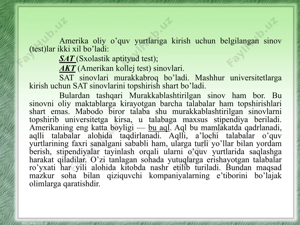ng har tomonlama kamol topishini ta’minlash, uni mustaqil faoliyatga tayyorlash, bozor munosabatlari sharoitida o’quvchilarni tadbirkorlikka, ishbilarmonlik va omilkorlikka o’rgatish, shunga yarasha kasb-korga ega qilishdan iboratdir. bu yerda: davlat maktablari; xususiy maktablar; oraliq maktablari mavjud. fransiya ta’limida bolalarning go’daklik chog’idanoq maktabda o’qitish uchun tayyor holda olib kelish g’oyat muhim masala hisoblanadi. bu bosqichda tarbiyalanuvchilar quyidagicha tabaqalashtirilgan: kichik guruh (2-4 yosh), o’rta guruh (4-5 yosh), katta guruh (5-6 yosh). maktabga tayyorlov guruhi (5-6 yosh) bo’lib, ularga frantsiyada 100% shu yoshdagi bolalar qamrab olingan. bolalarni maktabga tayyorlash uchun alohida dastur va darsliklar mavjud. fransiyada boshlang’ich ta’lim maktablariga 6 yoshdan 11 yoshgacha bo’lgan bolalar jalb qilinadilar. boshlang’ich maktab bepul va majburiy. uning vazifasi o’qish, yozish, hisoblash malakasini berishdir. o’quv mashg’ulotlari ertalab soat 9 dan 12 gacha, hamda soat 14 dan 16 gacha 5 soat davom etadi. maktabda ovqatlanish pullik, lekin juda arzonlashtirilgan narxlarda. boshlang’ich sinflarda o’qish uch bosqichda amalga oshiriladi: tayyorlov bosqichi; elementar kurs …