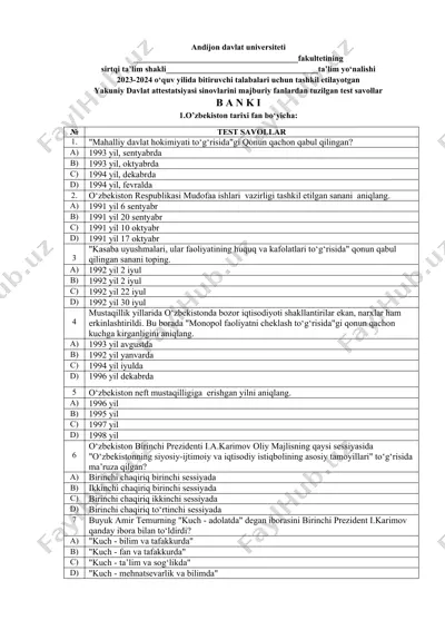o'zbekiston tarixi fan bo'yicha test savollari — DOCX