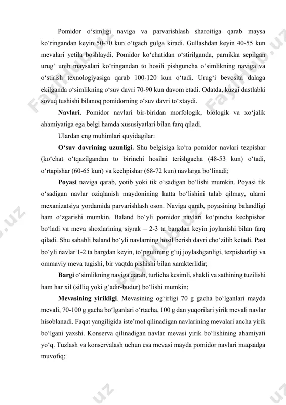 h va konservalash uchun esa mevasi mayda pomidor navlari maqsadga muvofiq; mevaning shakli o‘simlikning naviga qarab yumaloq-yassi, yumaloq, olxo‘risimon yoki noksimon bo‘lishi mumkin; mevaning sirti sillik, bilinmas yoki aniq bilinib turadigan qirrali bo‘ladi. mevaning qirrali bo‘lishi navning nomaqbul belgisidir, chunki bunda mevaning po‘choqqa chiqimini oshiradi; mevaning rangi po‘stining va u orqali ko‘rinib turadigan etining rangiga bog‘liq. rangi qizil, pushti yoki ana shu ranglarning turlicha tuslari aralashgan sarg‘ish bo‘lishi mumkin. qizil mevali navlar vitamin a (karotin) ga boy bo‘ladi. pushti va ayniqsa sariq mevali navlarida bu vitamin deyarli bo‘lmaydi; mevaning kameralarga bo‘linganligi, ya’ni urug‘lar joylashgan uyalarning soni, shuningdek, ularning kattaligi, shakli va joylanishi har xil navlarida turlichadir. xonalar qanchalik kichik va ularning devorlari qanchalik qalin bo‘lsa, meva shunchalik seret bo‘ladi. har bir xonadagi va butun mevadagi urug‘larning soni, pomidorning naviga qarab turlicha bo‘lishi mumkin. shuningdek, kamurug‘ va serurug‘ navlar ham uchraydi; mevalarning mazaliligi ularning kimyoviy tarkibiga, jumladan, shakar va kislotalarning miqdoriga …