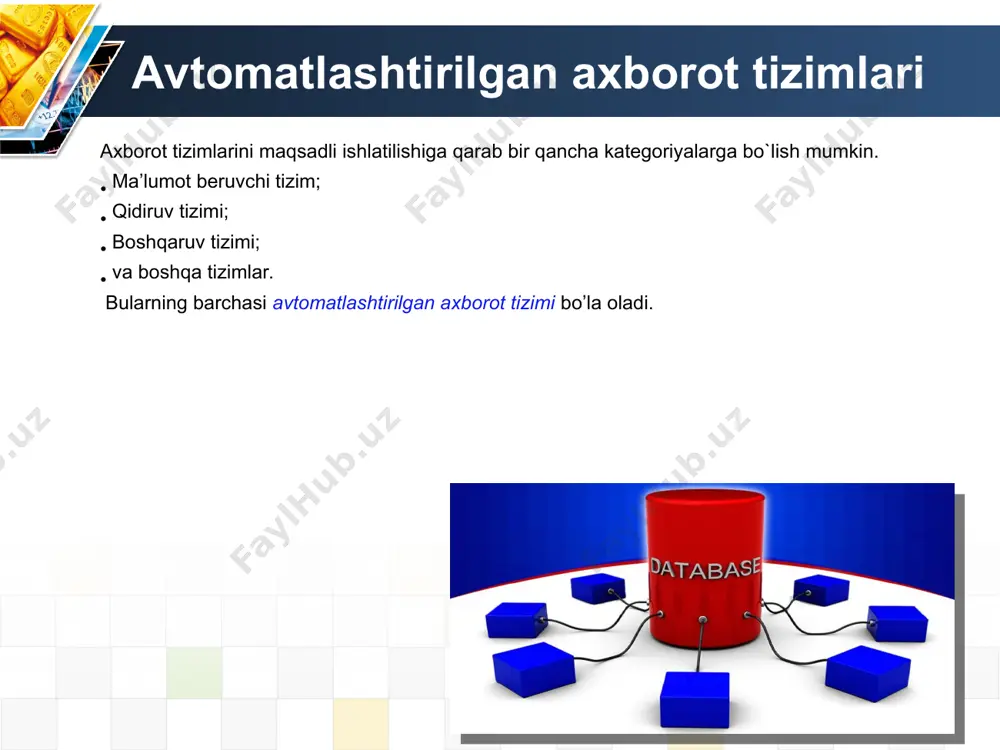 li guruhlari - saylovoldi vaziyat diagnostikasi - saylovchilarning asosiy muammolarini tahlil qilish katta ma'lumotlar texnologiyalarini qo'llash sohalari 28 jamoat xavfsizligi - jinoyat tahlili - takroriy jinoyat ko'rsatkichlarini kuzatib borish katta ma'lumotlar texnologiyalarini qo'llash sohalari 29 ta'lim - maktab hududini rejalashtirish - talabalarning muvaffaqiyatini kuzatish, omillarni aniqlash ta'lim samaradorligini oshirishga hissa qo'shish - ma'muriyat - ijro darajasini nazorat qilish majburiy dasturlar va testlar. katta ma'lumotlar texnologiyalarini qo'llash sohalari bandlik mehnat bozori tahlili ishchi kuchining tarkibi va tuzilishini tushunish ishga arizalarni tahlil qilish abituriyent profillarini ishlab chiqish. katta ma'lumotlar texnologiyalarini qo'llash sohalari sog'liqni saqlash - kasalliklarni kuzatish va holatlar haqida hisobot berish epidemiologiya kasalliklarning kelib chiqish sabablarini va ularning hududini aniqlash tarqalishi, shuningdek kasalliklarga qarshi kurash tibbiy yordam tez-tez murojaat qilganlarning profilini aniqlash tibbiy yordam talab qilinadi profilaktika xavf guruhlari va ehtiyojlarini aniqlash tibbiy aralashuv. katta ma'lumotlar texnologiyalarini qo'llash sohalari atrof muhit - ekotizim tahlili - salomatlikka ta'sir qiluvchi omillarni aniqlash ekotizimlar …