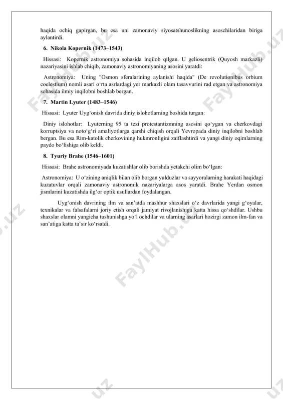 sh davrida san’atning rivojlanishi yevropa madaniyatini tubdan o‘zgartirdi. realistik san’at asarlari, yangi me’moriy uslublar va san’atda muvozanat va perspektivani aks ettirish uyg‘onish davri san’atining asosiy xususiyatlari edi. leonardo da vinci, mikelanjelo, va rafaello kabi buyuk san’atkorlar inson go‘zalligi va tabiiylikni ifodalashda yangi usullarni yaratdilar. ta’siri: - san’at orqali jamiyatda estetika va ijodkorlik rivojlandi. - yangi san’at uslublari shaharlarni boyitdi, katta me’moriy inshootlar, cherkovlar va saroylar qurildi, bu esa yevropaning madaniy merosiga katta hissa qo‘shdi. 3. gumanizmning paydo bo‘lishi va tarqalishi: uyg‘onish davrining asosiy falsafiy oqimi – gumanizm (insonparvarlik) edi. bu oqim insoniyatni, uning qobiliyatlari va erkinligini qadrlashga asoslangan bo‘lib, qadimgi yunoniston va rim madaniyatiga qaytishni ifoda etdi. gumanistlar insonni tabiatning markazida deb bilib, insonning bilim olishga bo‘lgan intilishini qo‘llab-quvvatladilar. ta’siri: - gumanizm o‘rta asrlarning diniy dogmalariga asoslangan dunyoqarashdan uzoqlashishga va ilmiy-falsafiy fikrlashga yo‘l ochdi. - insoniyatning imkoniyatlarini ko‘rib chiqishga bo‘lgan intilish inson va jamiyatning rivojlanishi uchun yangi g‘oyalarni targ‘ib qildi. …