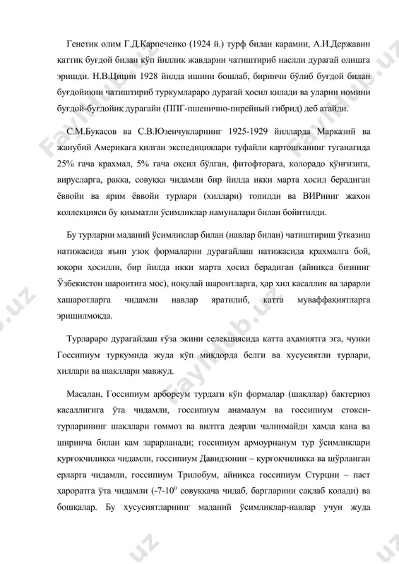жуд. масалан, госсипиум арбореум турдаги кўп формалар (шакллар) бактериоз касаллигига ўта чидамли, госсипиум анамалум ва госсипиум стокси-турларининг шакллари гоммоз ва вилтга деярли чалинмайди ҳамда кана ва ширинча билан кам зарарланади; госсипиум армоурнанум тур ўсимликлари қурғоқчиликка чидамли, госсипиум давидзонии – қурғоқчиликка ва шўрланган ерларга чидамли, госсипиум трилобум, айниқса госсипиум стурции – паст ҳароратга ўта чидамли (-7-100 совуққача чидаб, баргларини сақлаб қолади) ва бошқалар. бу хусусиятларнинг маданий ўсимликлар-навлар учун жуда қимматли (керак) бўлганлиги равшан бўлиб турибди. ғўзанинг госсипиум хирзутум тури билан госсипиум барбадензе тури ўсимликларини чатиштириш юқори сифатли толали, тезпишар навларни яратишга йўл очиб беради. ҳозирги даврда ҳар хил экинларнинг узоқ формаларини дурагайлаш кенг равишда дунёнинг ҳамма мамлакатларида ўтказилмоқда. узоқ формаларни дурагайлашда селекционер бир неча муаммоларга дуч бўлади. бу қуйидаги муаммо – қийинчиликлардир: · биринчидан – турлар ёки туркумлар ўсимликларининг ўзаро чатишмаслиги ёки қийинчилик билан чатишиши; · иккинчидан – ҳосил қилинган дурагай уруғларининг униб чиқиш қобилиятига эга бўлмаслиги; · учинчидан – ҳосил …