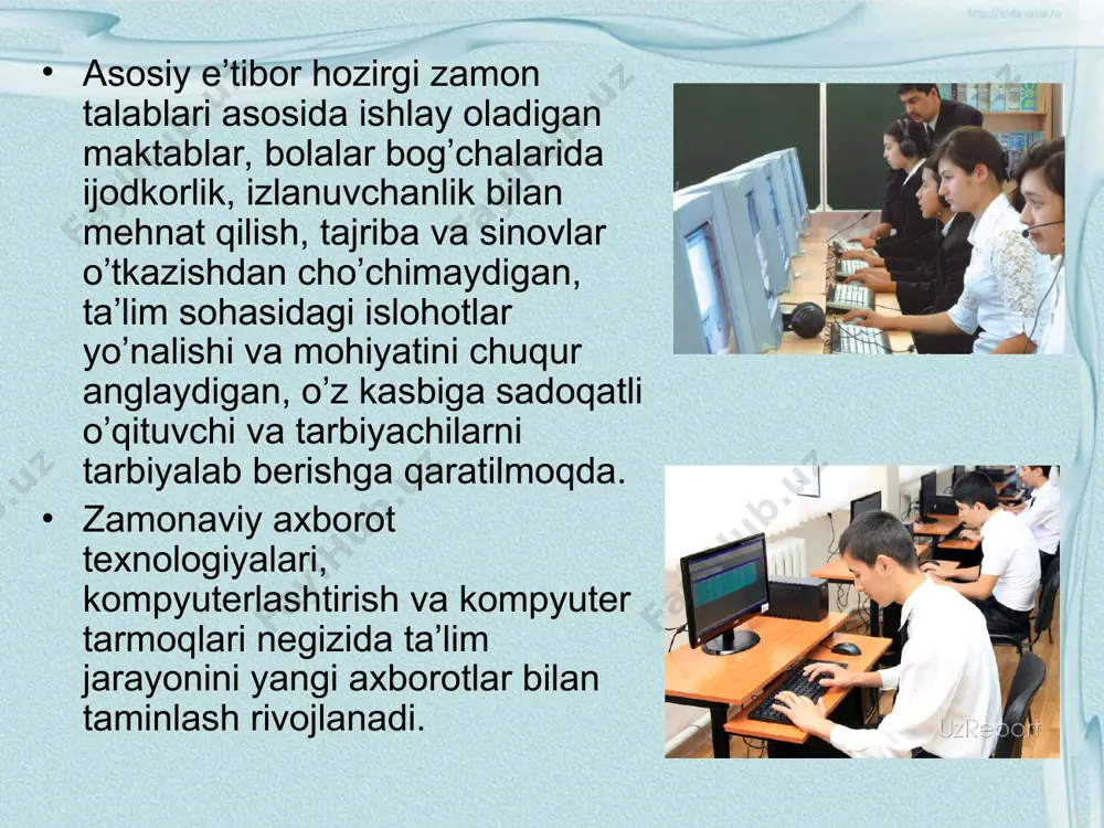 ish imkoniyatini ochib beradi. mustaqil ishlari samaradorligini oishardi va ijodiy faoliyat bilan shug’ullanishlari uchun keng imkoniyat beradi. uyaat qo’yilgan didaktik maqsadlarni amalga oshirish uchun o’qituvchilarga o’qitishning turli shakllaridan foydalanish imkoniyatini beradi. uyaat dan foydalanar ekan, o’qituvchi kompyuterlashtirilgan o’qitish va nazorat qilish dasturlarini o’z talabiga ko’ra o’zgartirish imkoniyatiga ega bo’ladi uyaat ni qo’llash orqali o’qituvchilar o’quvchi shaxsini rivojlantirish, ijodiy izlanish va birgalikda ishlash, o’quv dasturlarini eng maqbullarini tanlash yoki yangilarini yaratish uchun qo’shimcha imkoniyatlarga ega bo’ladi. telekommunikatsiya tarmoqlaridan foydalanishga asoslangan yaat ni qo’llash natijasida o’quvchilar o’zini axborot bilan ta’minlanganlik darajalarini oshiribgina qolmay, balki deyarli butun dunyodagi hamkasblar bilan muloqot qilishdek ajoyib imkoniyatga ega bo’ladi. bu vazifalarni bajarish yo’lida yaqin yillar ichida quyidagi ishlar qilinishi maqsadga muvofiqdir: kompyuterlashtirishning har ikkala tizimi ham rivojlanib boradi. buning uchun shu sohada qabul qilinayotgan me’yoriy, xuquqiy hujjatlarga asoslangan holda uzluksiz ta’lim tizimini maktabgacha tarbiya tizimidan tortib, kadrlar malakasini oshirish bosqichigacha bo’lgan barcha bo’g’inlarini kompyuterlashtirish tizimini vujudga …