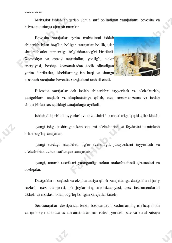 radi. shuning uchun ularni o`zgaruvchan xarajatlar deb yuritiladi. bilvosita xarajatlar firma (korxona)da ishlab chiqarilgan mahsulotning miqdoriga qarab o`zgarmaslik xususiyatiga ega. shuning uchun ularni doimiy yoki o`zgarmas xarajatlar deb aytiladi. shuni ham aytib o`tish kerakki, bir qancha xarajatlar ishlab chiqarishda to`g`ridan-to`g`ri qatnashmaydi. shuning uchun ularni “ishlab chiqarishdan tashqaridagi” xarajatlar deb ataladi. bunday xarajatlarga quyidagilar kiradi: -mahsulotni o`rash bilan bog`liq xarajatlar; -mahsulotni jo`natiladigan joylarga tashib borish, vagonlarga yuklash xarajatlari. ishlab chiqarish xarajatlarini doimiy ravishda kamaytira borish firma (korxona) rahbarlari, menejeri va muhandis-texnik xodimlaridan birinchi navbatda tejamkorlik bilan ish yuritishni talab qiladi. shu bilan birgalikda fan-texnika yutuqlaridan oqilona foydalanish mavjud ishlab chiqarish quvvatlaridan, xomashyo materiallaridan, yoqilg`i resurslaridan yanada to`laroq foydalanishga imkon beradi. shuningdek, yangi texnologik jarayonlarning yaratilishi va ularning joriy etilishi ishlab chiqarish xarajatlarini kamaytirish va firma (korxona) moliya-xo`jalik faoliyati samaradorligini oshirishga sharoit yaratadi korxona daromadlari va foydasi korxona (firma) mablag`lari aylanishining har bir tsiklli mahsulotlar yoki xizmatlarning sotilishi bilan yakunlanadi. buning natijasida …