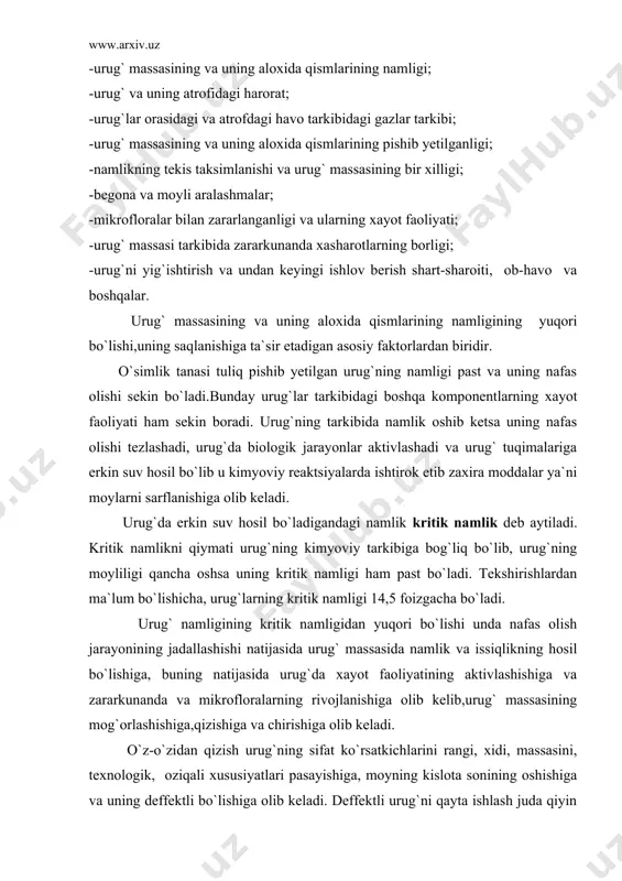 massasining mog`orlashishiga,qizishiga va chirishiga olib keladi. o`z-o`zidan qizish urug`ning sifat ko`rsatkichlarini rangi, xidi, massasini, texnologik, oziqali xususiyatlari pasayishiga, moyning kislota sonining oshishiga va uning deffektli bo`lishiga olib keladi. deffektli urug`ni qayta ishlash juda qiyin bo`lib,bunda moyning yuqolishi ko`payadi. bunday urug`dan olingan moy faqat texnik maqsadlarda ishlatiladi. olingan shluxa va kunjaraning oziqaligi past bo`lib, ayrim xollarda ular zaxarli bo`lib, chorva mollari oziqalikga yaramaydi. 2. moyli xom ashyoni saqlashda ro`y beradigan jarayonlar moyli xom ashyolar dalalardan yig`ishtirib olingandan so`ng, uning tarkibidagi moy moddasi tuliq shakllanishi uchun u ma`lum muddatda saqlanadi. xom ashyodan moyni shakllanishi uchun ma`lum bir sharoit yaratiladi. xom ashyoda moyning shakllanishi moyli urug`ning pishib yetilganligiga bog`liq. agar moyli urug` sifatli pishib yetilgan bo`lsa unda moyning shakllanishi tez bo`ladi. agar moyli urug` ob -havoning noqulay kelishi (sovuq urishi, namgarchilikni ko`p bo`lishi va boshqa) natijasida tuliq pishib yetilmagan bo`lsa, bunday urug`larda moyning shakllanishi uchun ma`lum bir sharoit yaratiladi. mana shu moyli urug`ida …