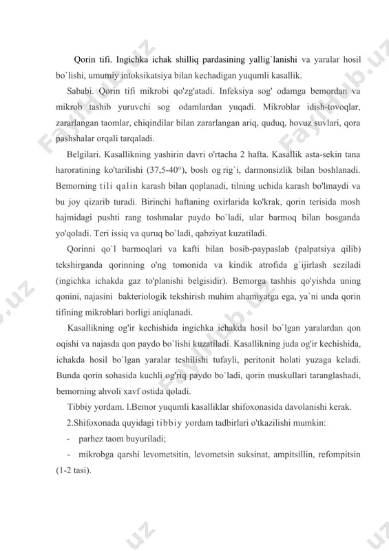 g og`ir kechishida intoksikatsiyaga qarshi glyukoza-5 %-200-300 ml, gemodez 50-100 ml, reopoliglyukin 100-200 ml, natriy xlorid-0,9%-100-200 ml tomchi usulida vena tomiriga yuboriladi; · askorbin kislota, nikotin kislota,“b” guruhi vitaminlari. 3. ichak yarasidan qon ketishi yuzaga kelsa (najasda qon paydo bo`lsa): · bemor qimirlamay osmonga qarab yotishi kerak; · ovqat va ichimlik berilmaydi; · qoringa sovuq-muzli xalta qo'yiladi; · qon quyiladi- 100-150 ml, trombositar massa-50-100 ml, qon zardobi 50-100 ml tomchi usulida, vena tomiriga tomchilab yuboriladi; - vikasol 0,5-1 ml muskul orasiga; · kalsiy glyukonat -10 ml vena tomiriga, yoki novokain -0,5 % - 3 ml qo'shib muskul orasiga, yoki kalsiy xlor 10 %-5-10 ml vena tomiriga sekinlik bilan yuboriladi; · ichakdan qon ko'p ketsa - atropin 0,1%- 1ml teri ostiga.bu ichak harakatini kamaytirib, qon ketishini to'xtatishga yordam beradi. 4.ichak yarasi teshilsa - qorinda kuchli og'riq paydo bo`ladi (peritonit). bemor zudlik bilan operatsiya qilinishi kerak bo`ladi. ichburug`. yo'g'on ichakning pastki qismi …