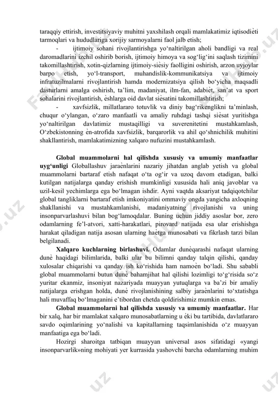irish, davlat xizmatlari sifati va samarasini oshirish, jamoatchilik nazorati mexanizmlarini amalda tatbiq etish, fuqarolik jamiyati institutlari hamda ommaviy axborot vositalari rolini kuchaytirish; - qonun ustuvorligini ta’minlash va sud-huquq tizimini yanada isloh qilishga yo‘naltirilgan sud hokimiyatining chinakam mustaqilligini hamda fuqarolarning huquq va erkinliklarini ishonchli himoya qilish kafolatlarini mustahkamlash, ma’muriy, jinoyat, fuqarolik va xo‘jalik qonunchiligini, jinoyatchilikka qarshi kurashish va huquqbuzarliklarning oldini olish tizimi samarasini oshirish, sud jaraѐnida tortishuv tamoyilini to‘laqonli joriy etish, yuridik ѐrdam va huquqiy xizmatlar sifatini tubdan yaxshilash; - iqtisodiѐtni yanada rivojlantirish va liberallashtirishga yo‘naltirilgan makroiqtisodiy barqarorlikni mustahkamlash va yuqori iqtisodiy o‘sish sur’atlarini saqlab qolish, milliy iqtisodiѐtning raqobatbardoshligini oshirish, qishloq xo‘jaligini modernizatsiya qilish va jadal rivojlantirish, iqtisodiѐtda davlat ishtirokini kamaytirish bo‘yicha institutsional va tarkibiy islohotlarni davom ettirish, xususiy mulk huquqini himoya qilish va uning ustuvor mavqeini yanada kuchaytirish, kichik biznes va xususiy tadbirkorlik rivojini rag‘batlantirish, hududlar, tuman va shaharlarni kompleks va mutanosib holda ijtimoiy-iqtisodiy taraqqiy ettirish, investitsiyaviy muhitni yaxshilash orqali …