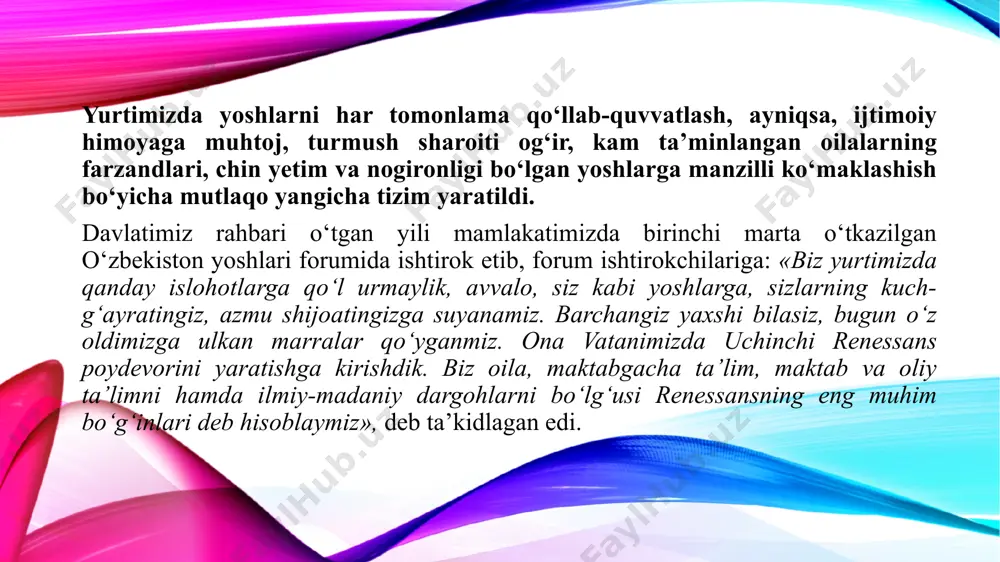 bosh tamoyili bo‘lgan “inson- jamiyatdavlat” degan yondashuvni konstitutsiyaning mazmun-mohiyatiga chuqur singdirilganligi muhim ahamiyat kasb etishi bilan birga, ushbu ta’moyil o‘zbekiston xalqining barcha qatlamlari uchun birdek taaluqlidir. jumladan, o‘zbekiston respublikasining qonunchiligiga muvofiq yoshlarga 14 yoshga to‘lgan va 30 yoshdan oshmagaan shaxslar kirib, bugungi kunda o‘zbekistonda yoshlarning soni 9.6 milliondan oshmoqda, ya’ni mamlakatimiz aholisining 30 %ga yaqinini tashkil etmoqda. e`tiboringiz uchun tashakkur! image2.png image3.png image4.png image5.jpeg image6.png image7.png image8.png image9.png image1.png /docprops/thumbnail.jpeg