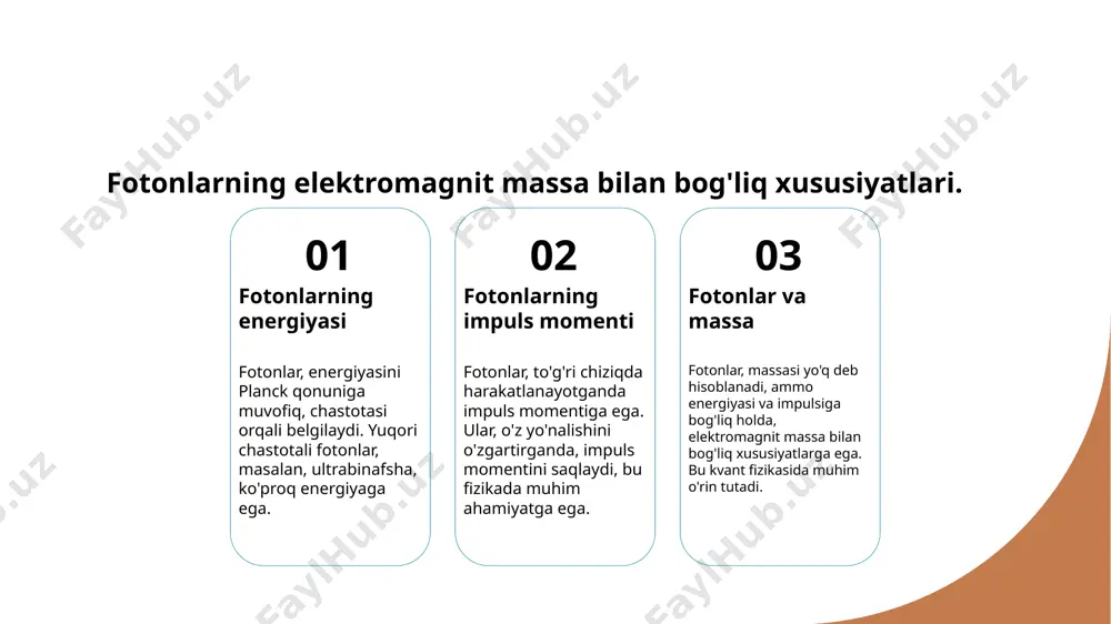 va impuls momentini o'lchashda laser va spektral tahlil usullari ishlatiladi. bu usullar fizikada yangi tadqiqotlar uchun muhim ahamiyatga ega. foton energiyasini o‘lchash usullari: eksperimentlar va natijalar. 1 foton energiyasini o‘lchash - foton energiyasini o‘lchash uchun turli usullar mavjud. eng keng tarqalgan usul - energiya o‘lchovchi detektorlar yordamida fotonlarning energiyasini aniqlash. 2 eksperimentlar natijalari - o‘lchovlar natijasida foton energiyasini aniqlashda yuqori aniqlikka erishish mumkin. eksperimentlar ko‘rsatadi, yuqori energiyali fotonlar ko‘proq impulsga ega. 3 o‘lchov usullari turlari - foton energiyasini o‘lchash uchun spektroskopiya, fotoelektrik effekt va kompton tarqalishi kabi usullar qo‘llaniladi. har bir usul o‘ziga xos afzalliklarni taklif etadi. fotonlarning massasi va ularning elektromagnit spektrdagi o‘rni. 01 fotonlarning massasi fotonlar massasi yo‘q deb hisoblanadi, lekin ular energiya va impulsga ega. bu kvant mexanikasining nazariyasi asosida tushuniladi. 02 elektromagnit spektr fotonlar elektromagnit spektrda turli to‘lqin uzunliklariga ega. bu to‘lqin uzunliklari yorug‘lik ko‘rinishi va xususiyatlarini belgilaydi. 03 energiya va massa e=mc² formulasi bo‘yicha, fotonlarning …