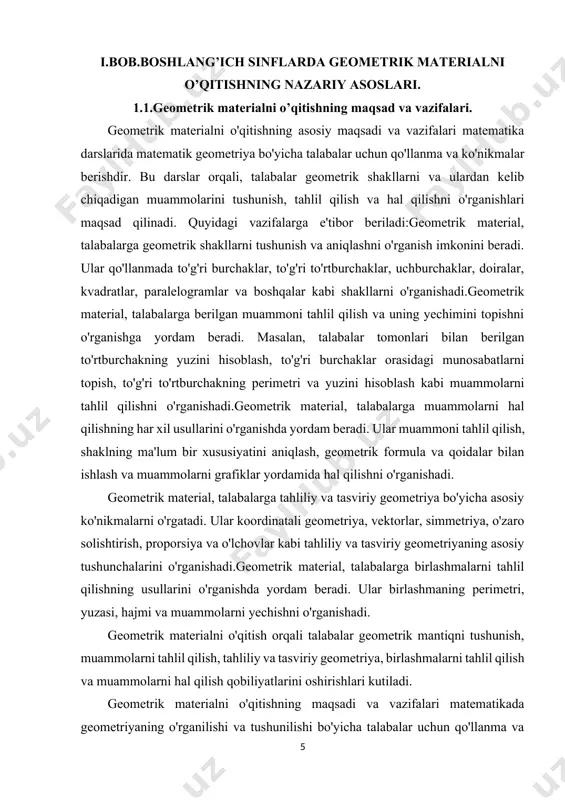 lashmaning perimetri, yuzasi, hajmi va muammolarni yechishni o'rganishadi. geometrik materialni o'qitish orqali talabalar geometrik mantiqni tushunish, muammolarni tahlil qilish, tahliliy va tasviriy geometriya, birlashmalarni tahlil qilish va muammolarni hal qilish qobiliyatlarini oshirishlari kutiladi. geometrik materialni o'qitishning maqsadi va vazifalari matematikada geometriyaning o'rganilishi va tushunilishi bo'yicha talabalar uchun qo'llanma va ko'nikmalarni taqdim etishdir. uning asosiy maqsadlari va vazifalari quyidagilar bo'lishi mumkin.geometrik material, talabalarga geometrik tushunchalarni tashkil etishga yordam beradi. ular to'g'ri burchaklar, to'g'ri to'rtburchaklar, uchburchaklar, doiralar, kvadratlar, paralelogramlar kabi shakllarni o'rganishda yordam beradi. bu shakllarni tushunish talabalarga geometrik dunyo bilan bog'liq muammolarni tahlil qilishga imkon beradi.geometrik material, talabalarga berilgan muammolarni tahlil qilish va ularni yechishning usullarini o'rganishga yordam beradi. masalan, to'g'ri burchaklar orasidagi munosabatlarni topish, shaklning yuzini hisoblash, burchaklar, tomonlar, perimetr va yuzlar bilan bog'liq bo'lgan muammolarni hal qilishni o'rganishda yordam beradi.geometrik material, talabalarga geometrik qoidalar va formulalarni o'rganish imkonini beradi. ular qoida va formulalarni foydalanish orqali muammolarni hal qilish va …