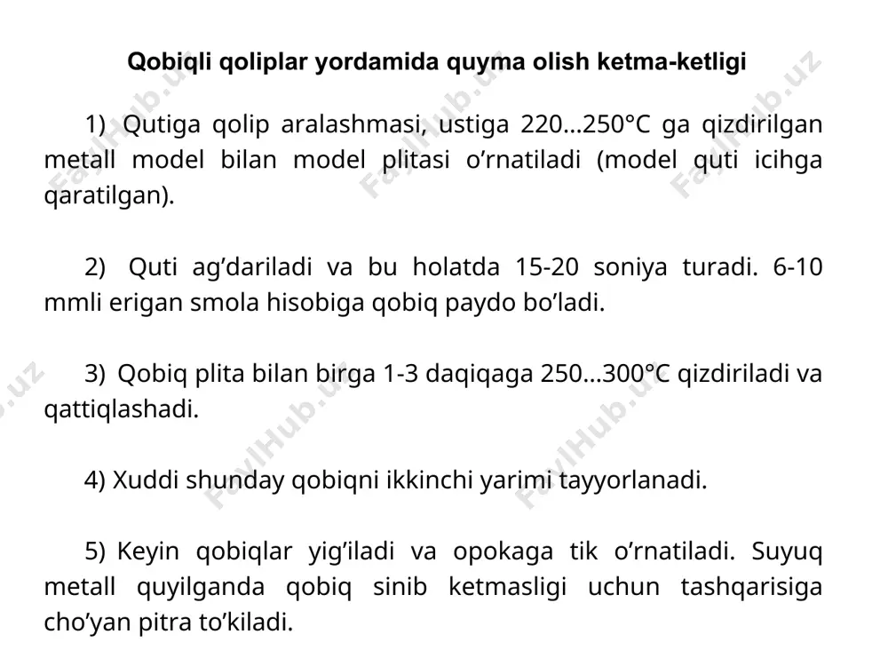bilan qoplanadi (4), 100 — 120°с ga qizdiriladi – parafin oqib tushadi (5); 4) bloklar 800 — 850°с da qizdirib puxtalanadi, qolip yig’iladi, atrofi qum yoki pitra bilan zichlanadi (6); 5) suyuq metall qolipga quyiladi (7), metall qotgandan keyin blok 10 alohida buyumlarga ajratiladi (8). . qo’llash sohalari. bu usulda xoxlagan shaklda hap xil qotishmalardan bir necha grammdan – 250kg, devor qalinligi 1 mmli quymalarni olish mumkin. mexanik ishlov berishga 0,2-0,7mm qo’yim qoldiriladi.. mashinasozlikning har xil sohalarida qo’llaniladi. eritiladigan modellar yordamida quyma olish usulining afzalliklari. · uyqori temperaturada eriydigan qotishmalarni quyish mumkin. · juda murakkab quymalarni olish mumkin · quyma o’lchamlari juda aniq va yuza sirtlari silliq chiqadi kamchiliklari. · jarayon uzoq davom etadi · usul ancha qimmat 11 1.5. quyushning markazdan qochma usuli. markazdan qochma usul yuqori unumligi, quyma sifatining yaxshiligi, quyish sistеmasi talab etilmasligi bilan ajralib turadi. bu usulning kamchiligi - faqat doiraviy shakldagi quymalarni olinish mumkin va …