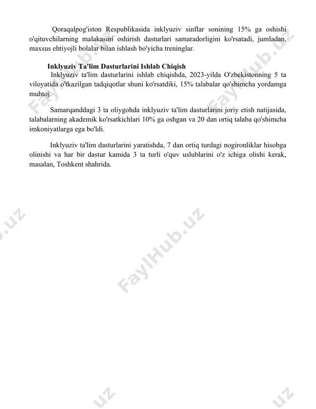 g 15% ga oshishi o'qituvchilarning malakasini oshirish dasturlari samaradorligini ko'rsatadi, jumladan, maxsus ehtiyojli bolalar bilan ishlash bo'yicha treninglar. inklyuziv ta'lim dasturlarini ishlab chiqish inklyuziv ta'lim dasturlarini ishlab chiqishda, 2023-yilda o'zbekistonning 5 ta viloyatida o'tkazilgan tadqiqotlar shuni ko'rsatdiki, 15% talabalar qo'shimcha yordamga muhtoj. samarqanddagi 3 ta oliygohda inklyuziv ta'lim dasturlarini joriy etish natijasida, talabalarning akademik ko'rsatkichlari 10% ga oshgan va 20 dan ortiq talaba qo'shimcha imkoniyatlarga ega bo'ldi. inklyuziv ta'lim dasturlarini yaratishda, 7 dan ortiq turdagi nogironliklar hisobga olinishi va har bir dastur kamida 3 ta turli o'quv uslublarini o'z ichiga olishi kerak, masalan, toshkent shahrida. 📌xulosa o'quv muassasalarida inklyuziv muhit yaratish, barcha talabalarning o'ziga xos ehtiyojlarini qondirish va ularning teng imkoniyatlarga ega bo'lishlarini ta'minlash orqali ta'lim sifatini oshirishga xizmat qiladi. bu esa, jamiyatning barqaror rivojlanishiga muhim hissa qo'shadi. 📚foydalanilgan adabiyotlar 1. халқаро таълим ташкилотларининг инклюзив таълимга оид тавсиялари. 2. ўзбекистон республикасининг мактабгача, умумтаълим ва олий таълим муассасаларида инклюзив таълимни ривожлантириш …