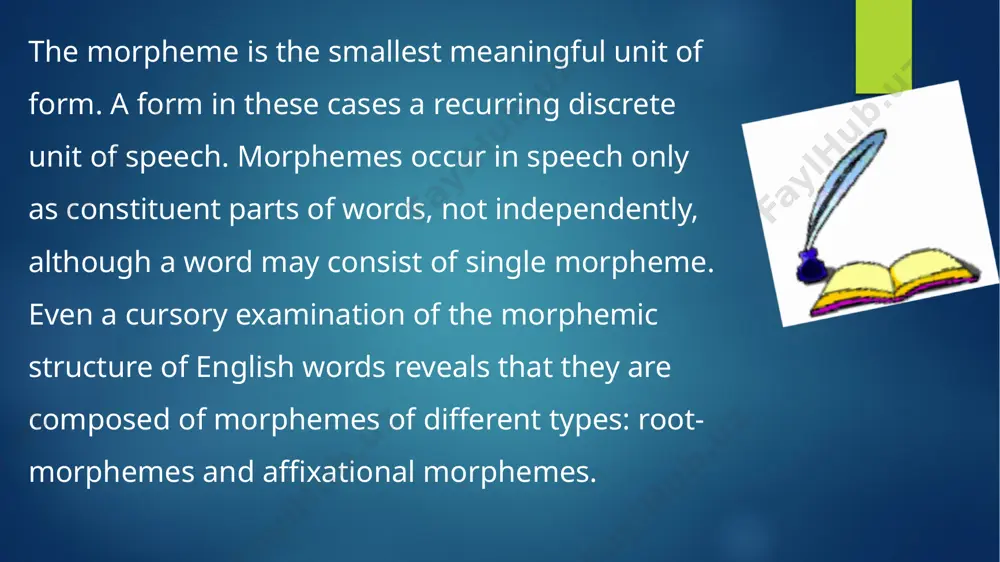but the relationships of meaning are tenuous. grammarians are not in agreement. some brush aside the semantic difficulties and take each word as two morphemes, following the phonemic shapes; others - regard the parallelisms of phonemic shape as unconvincing and take each word as a single morpheme. similar problems appear in the analysis of almost every language. an obvious practical step is to set the morphemic problem aside, recognizing that each form is an idiom whether it is one or more morphemes”. (charles hockett) in most cases the morphemic structure of words is transparent enough and individual morphemes clearly stand out within the word. the segmentation of words is generally carried out according to the method of immediate and ultimate constituents. this method is based on the binary principle, i.e. each stage of the procedure involves two components the word immediately breaks into. at each stage these two components are …