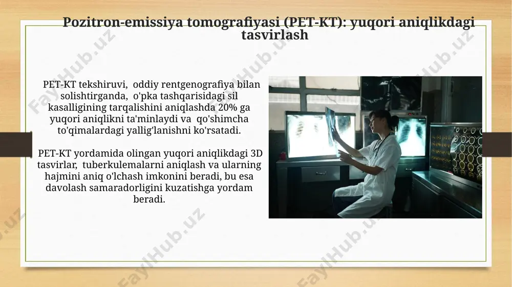 rafiyasi (kt): imkoniyatlari va chegaralari kt tekshiruvi tuberkulyozning limfa tugunlariga tarqalishini, ya'ni limfadenopatiyani aniqlashda yuqori sezuvchanlikka (85-95%) ega, ammo har doim ham kasallikning aktivligini aniq ko'rsata olmaydi. kompyuter tomografiyasi (kt) o'pka tuberkulyozining kichik o'choqlarini, 1 mm dan kichik o'lchamdagi o'zgarishlarni aniqlashda yuqori aniqlikka ega, ammo yuqori radiatsiya dozasini talab qiladi. e'tiboringiz uchun rahmat @taqdimot_robot image7.jpg image8.jpg image9.jpg image10.jpg image11.jpg image12.jpg image13.jpg image14.jpg image15.jpg image16.jpg image17.jpg image18.jpg image19.jpg image20.jpg image3.png image4.png