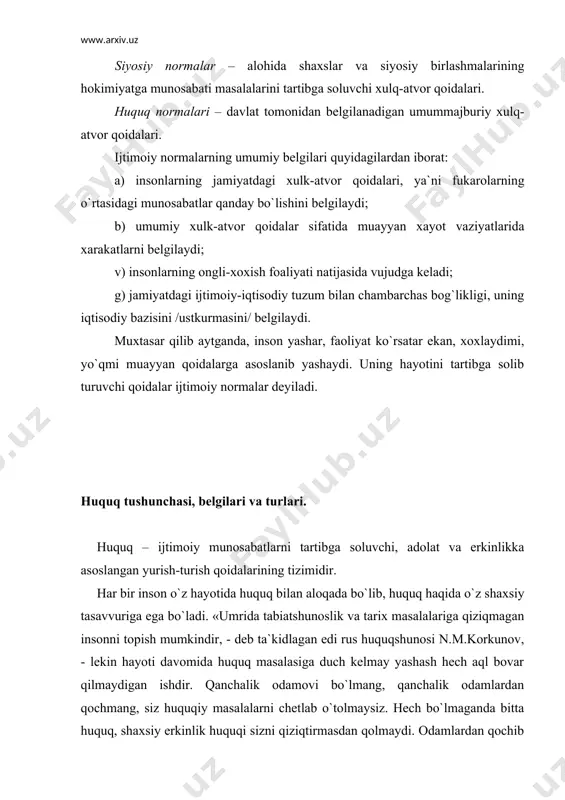 qadimgi faylasuf, huquq haqidagi masalani chetlab о`tmagan. falsafada ham huquq masalalari muhim о`rin egallagan. huquqshunoslikda esa huquq muammolari markaziy о`rinni egallagan. asriy ilmiy izlanishlar insoniyatni huquqni tо`g`ri tushunishga va uning mohiyatiga goh yaqinlashtirgan, goh uzoqlashtirgan. "huquqshunos uchun, - degan edi nemis faylasufi i. kant, - qonunlar talab qilgan narsa huquq bо`la oladimi, qanday umumiy mezon asosida huquqiylikni nohuquqiylikdan ajrata olishi sir bо`lib qoladi". nemis klassik falsafasi asoschisining bu sо`zlari hozirgi kunda ham о`z ahamiyatini yо`qotgani yо`q. amerika huquqshunosi fridmanning sо`zlariga qaraganda, «huquq» tushunchasi «kо`p ma`nolarga ega bо`lib, oynadek nozik, sovun kо`pigiday tutiriqsiz, vaqtdek tutqich bermas» jihatlarga ega. «huquq» iborasi kundalik hayotimizda kо`p qо`llaniladigan tushuncha bо`lib, «haq», «haqiqat» sо`zlaridan olingan. bugungi kunda huquqning bir necha ta`rifi mavjud. jumladan, farobiyning fikricha, huquq mamlakatdagi tinchlik va xavfsizlikni ta`minlash, taraqqiyotga shart-sharoit yaratish, ijodiy mehnatga imkom yaratish vositasidir. huquq-ehtiroslarni jilovlash vositasi va insonni asrash, avaylash qurolidir. «huquq – bu rasman tenglik prinsiplariga muvofiq bо`lgan, davlat …
