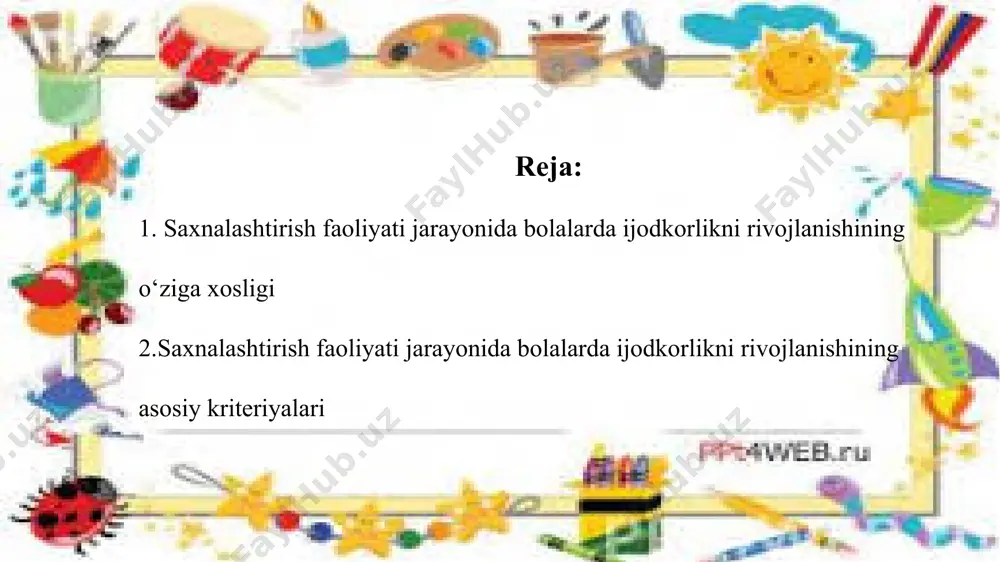 urotlar kombinatsiyasi paydo bo’ladi. qarama-qarshiliklarni buzilishi va tug’ilishi teatrlashtirilgan o’yinlarda paydo bo’ladi, ular tasavvurni rivojlanishini ta’minlaydi: bolaning qayg’urish impulsatsiyasi, dinamizm va uning tushunchalari o’zgaradi, ijodiy maxsulotda obrazlarni ifodalaydi. teatrlashtirilgan o’yinlarda ijodiy tasavvur asosini uchta guruh ko’rsatqichda olish mumkin: - ijodga bo’lgan munosabati, faoliyat maxsulotiga qiziqishi va motivatsion-ehtiyoj komponentini mavjudligi; - tasavvurda kombinatsion va strukturali komponentlar mavjudligi; - bolalar maxsulotining sifati. teatrlashtirilgan faoliyatda bolaning tasavvur ijodini rivojlantirish darajasi baholaydi, har hil turdagi tayanch faoliyatdan foydalanishi (ko’rgazmali, so’z orqali) va kattalar yordamida (emotsional, noverbal, verbal, tashkillovchi, yo’naltiruvchi va o’rgatuvchi) topshiriqlarni bajara oladilar. russ olimi ye.a.medvedev o’zining tadqiqiotlarida teatrlashtirilgan o’yin odob-ahloqning besh modelini ajratgan: 1. teatrlashtirilgan faoliyatda bolaning tasavvur ijodini rivojlantirish darajasi baholaydi, har hil turdagi tayanch faoliyatdan foydalanishi (ko’rgazmali, so’z orqali) va kattalar yordamida (emotsional, noverbal, verbal, tashkillovchi, yo’naltiruvchi va o’rgatuvchi) topshiriqlarni bajara oladilar. russ olimi ye.a.medvedev o’zining tadqiqiotlarida teatrlashtirilgan o’yin odob-ahloqning besh modelini ajratgan: 2. elementar –ijod o’ziga xos fazilatlarni o’z …