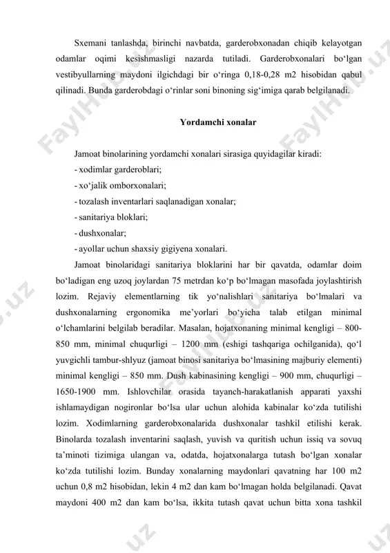 lozim: yechinish-kiyinish xonasi, quruq issiq kamerasi, dushxona, sanitariya bloki, sovuq suvli basseyn, uqalash xonasi, dam olish xonasi, boshqaruv pulti joylashtirilgan xona. quruq issiqli hammomlarni tashqi devorga tutash qilib birinchi yoki sokol qavatida, tashqariga mustaqil chiqish eshigi bilan joylashtirishga yo‘l qo‘yiladi. ish vaqtida dam olish va psixologik yukni kamaytirish uchun maxsus xonalar, odatda, uy kiyim-boshi saqlanadigan garderob va sog‘lomlashtirish punkti yonida joylashtiriladi dam olish va psixologik yukni kamaytirish xonalarida, agar zaruriy talab va asoslanishlar bo‘lsa, tonusni yaxshilaydigan turli ichimliklarni tayyorlash va iste’mol qilish uchun qurilmalar, shuningdek jismoniy tarbiya bilan shug‘ullanish uchun joylar ko‘zda tutilishi mumkin. yerto‘la qavatlarida muhandislik xizmatlarining xonalari, omborxonalar, do‘konlar, radiouzel, kinofotolaboratoriyalar, ijaraga berish punkti, tir, sport zallari, kitob saqlanadigan va arxiv xonalarini joylashtirishga yo‘l qo‘yiladi. bu kabi xonalarni tabiiy yoritilganliksiz loyihalashtirishga ruxsat beriladi. undan tashqari, majlislar zali, ma’ruza auditoriyalari va kuluarlar, maishiy xizmat ko‘rsatish salonlari, sport va sport-tomosha zallari va avtoturargohlarni ham tabiiy yoritishsiz loyihalashtirish mumkin. barcha jamoat …