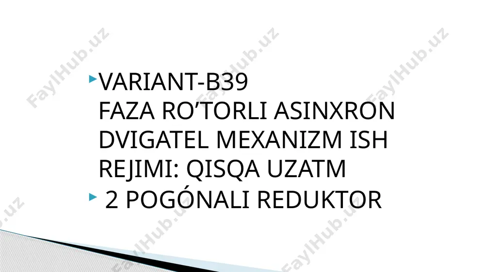 tic moment; - dvigatelni nominal moment; = 80000/60,9=1313,6 [n*m] jm - mexanizmni inertsiya moment;jd - dvigatelni inertsiya moment; jd = 12 gd2/4 [kg*m2] k - uqni inertsiya momentini hisobga oluvchi koeffitsient, k = 1,2 optimal uzatish soni io va ƞrbo’yicha reduktor tanlanadi. ωh=nh/9,55=60,9 [rad/sek]; ω0=n0/9,55 =62,8 [rad/sek] nominal sirpanish: sh=ω0- ωh/ω (62,8-60,9)/62,8=0,03 dvigatelni nominal moment: mh=ph·103/ωh =80000/60,9=1313,6 [n*m] dvigatelni yuklanish koefitsienti: λ=mmax/ mh =3,3 kritik sirpanishi: )=0,19 dvigatelni mexanik xarakteristikasini qurish uchun klossning soddalashtirilgan formulasidan foydalaning m=2 mmax/(s/sk+ sk/s)=2*4335/(0,1/0,19+0,19/0,1)=3573 n*m bu formuladagi sni 0 dan 1 gacha qiymatlari uchun m moment qiymatni hisoblab chiqing va jadvalga yozing. dvigatelni mexanik xarakteristikasini qurish uchun klossning soddalashtirilgan formulasidan foydalaning m=2 mmax/(s/sk+ sk/s)=2*4335/(0,1/0,19+0,19/0,1)=3573 n*m bu formuladagi sni 0 dan 1 gacha qiymatlari uchun m moment qiymatni hisoblab chiqing va jadvalga yozing. s 0.1 0.2 0.3 0.4 0.5 0.7 0.8 0.9 1 m 3573 4329 3919 3360 2878 2191 1949 1752 1590 jadval bo'yicha m=f(s) …