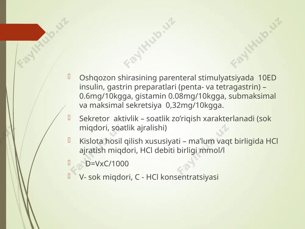 bog’liq) o’t kislotasi: “a”17,4-52,0mmol/l “b”57,2-84,6mmol/l “c” 13,0-57,2mmol/l ↑”c” ortishi- asoratlanmagan kalkulyoz xolesistit boshlangich stadiyasi ↓virusli gepatit, kalkulyoz xolesistit, pankreatit oqsil: “b” 4,5g/l gacha, “c” 1,4-2,7g/l ↑o’t yo’llari yallig’lanishi, mishyakdan, alkogol, fosfordan zaxarlanish mikroskopik tekshirish leykosit - “a” duodenit, “b” xolesistit, xolangit (prizmatik epiteliy bilan birga) eozinofil – gijja invaziyasi, allergik xolesistit, xolangit shilliq – o’t yo’llari yallig’lanishi, duodenit epiteliy – yirik silindrik xujayralar-12 barmoq ichak patologiyasi, yirik prizmatik kipriksimon epiteliy- o’t pufagi yallig;lanishi, mayda prizmatik kipriksimon epiteliy- jigar ichi o’t yo’llari zararlanganda atipik hujayralar – yomon sifatli o’smalarda xolesterin va bilirubinat kalsiy kristallari – o’t tosh kasalligi eng yaxshi oldini olish yo’li – odob chegarasidan chiqmaslik. e’tiboringiz uchun rahmat!!!