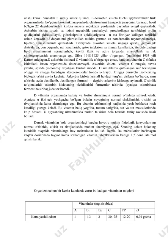 za tarkibiga tiaminpirofosfat shaklida kiradi. b| ning fosfat efiri maxsus oqsil bilan birikkan holda piruvatdekarboksilazani hosil qiladi. vitamin b1 (tiamin) . zlaklar uzug’larida, dukaklilar urug’ida mavjud, ayniqsa ularning kurtaklayotganida o’sayotganida, bundan tashqari pomidorlarda, sabzida, karamda mavjud. sutkalik dozasi-2-2,5mg. uning yetishmasligi og’ir kasallik “ beri-beri” kasaliga, tomir tortishi, falajga va oxiri o’limga keltiradi. vitamin в i uglevodlar va yog’larni hazm qilishda foydalidir. unga talab past temperaturada, infeksion kasallarda, kuchli jismoniy va aqliy mehnatda paydo bo’ladi. vitamin в i avitaminozda, qattiq charchaganda, ruhiy kuchsizlanganda, nevritlarda va ruhiy hosil bo'lgan teri kasallarida qo’llaniladi. tiamin odam organizmida yctishmaganda kelib chiqadigan asosiy kasallik beriberi (polinevrit) deb ataladi.tiaminning fosforli hosiiasi bio’lgan tiaminpirofosfat (tpf) koferment sifatida gekarboksillanish reaksiyalarida ishtirok etadi. gipivitaminoz davrida birinchi navbatda pirouzum kisklotaning (piruvat) oksidlanishli dekarboksillanishi izdan chiqadi, bu o'z navbatida uglevodlar, aminokislotalar va lipidlar metabolizmining buzilishiga olib keladi. shuning uchun ham organizm bilan qanchalik ta’minlanganligini qondagi piruvat miqdoridan bilish mumkin. vitamin с asosan …
