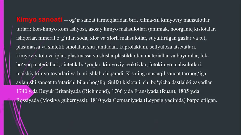 (fargʻona vodiysi)ning ishga tushirilishi bilan boshlandi. bu korxona sobiq sssrda ishlab chiqariladigan oltingugurtning 57% ini bergan va itti-foqning oltingugurt mustaqilligini taʼminlashda muhim rol oʻynadi. k.s.ning eng yirik korxonasi chirchiq elektr kimyo kti 1940 y. okt.dan mahsulot bera boshladi. shu yili 608,9 t ammiak, 961,7 t kuchsiz azot kislotasi va 930 t ammiak selitrasi ishlab chiqarildi. 1940 y.da respublikaning jami sanoat mahsuloti hajmida k.s. hissasi 0,8% ni, k.s.da band boʻlgan ishchilar soni sanoat ishchilarining 1% ni tashkil etgan, sanoat i.ch. fondining 7,4% k.s. hissasiga toʻgʻri kelgan. urushdan keyingi yillarda 1946 y.da qoʻqon, 1957 y.da samarqand superfosfat zavodlari ishga tushirildi va bu zavodlar respublika q.x.ning fosforli oʻgʻitlarga boʻlgan ehtiyojlarini taʼminlashga xizmat qildi. buxoro viloyatida gazli gaz koni ishga tushirilishi bilan tabiiy gazdan foydalanish asosida 1963 y.da fargʻona azotli oʻgʻitlar zavodi, 1964 y.da navoiyda kimyo k-ti ishlay boshladi. 20-asrning 90-y.lari boshiga kelib oʻzbekiston respublikasi iqtisodiyotida muhim oʻrinni egʻallagan k.s. barpo etildi. 1990 y.da …