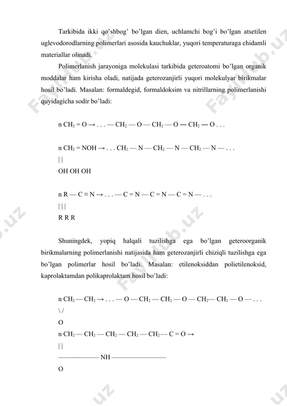 rikmalarni sof holda ajratib olish mumkin. bunda dastlabki monomerning o’zaro birikish, oraliq mahsulotlarning bir-biri bilan yoki monomer bilan reaktsiyaga kirishish xususiyatlari deyarli bir xil bo’ladi, ikkita (yana yangi) monomer molekulasining o’zaro birikish reaktsiyasi amalga oshishi uchun talaygina energiya talab qilinadi (chunki monomerlar aktivlanganidagina reaktsiyaga kirisha oladi). polimerlanish jarayoni monomer molekulalarining o’zaro va oraliq mahsulotlar bilan birikishi uchun reaktsiyaga kirishayotgan molekuladan biror atomning tezda boshqa molekulaga ko’chishi, ya‘ni “migratsiyasi” natijasida ham sodir bo’la oladi. polimerlanishning bu turiga bosqichli yoki migratsion polimerlanish deyilib, jarayon monomer molekulasidagi aktiv atomning (yoki ionning) ko’chishi natijasida roy beradi. polimerlanishning bu turiga izobutilenning sulfat kislota ta‘sirida polimerlanish misol bo’la oladi. ch3 ch3 ch3 ch3 θ | | | | ch2 = c + ch2 – c → ch3 – c – ch = c | | | | ch3 ch3 ch3 ch3 h dimer ch3 ch3 ch3 ch3 ch3 | | | | | ch3 – c …