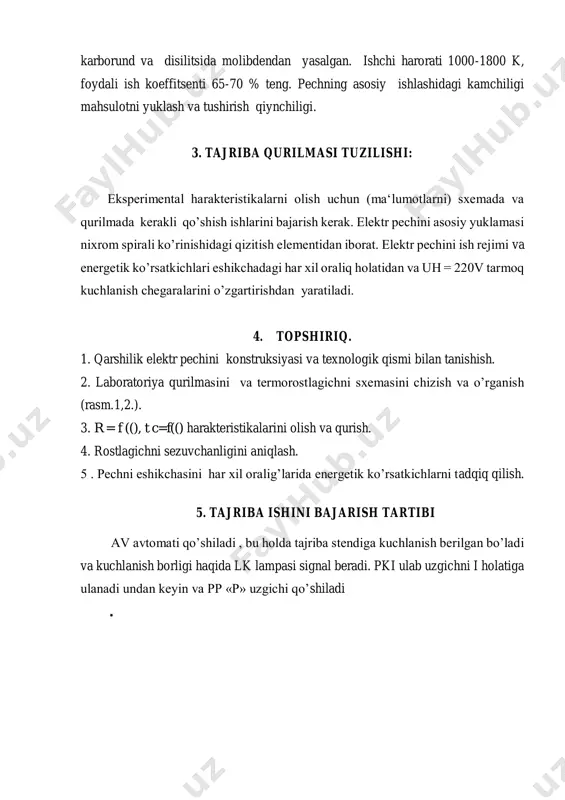 ndan keyin va pp «p» uzgichi qo’shiladi . 21- rasm: qarshilik kamera pechi sxemasi "p" o’zgichini qo’shish momentidan vaqtni (rab va atrof-muhitni temperaturasini t;4 belgilab olish kerak. pech kamerasi belgilangan haroratgacha qizigandan keyin, pech tarmoqdan avtomatik o’ziladi. o’zilish vaqti belgilanadi; bu holat qayta qo’shilgangacha yoki (rab momentigacha o’zatiladi. tajriba ishini bajargan paytda voltmetr (v), ampermetr (a) i vattmetr (wh)v ko’rsatkichlarini yozib olish kerak. eksperimental ko’rsatkichlarni (rab , bo’yicha olinishi shart va yetarli. 6. «era» rostlagichini ishlash tamoili "era" rostalagichi quyidagi elementlardan iborat (rasm.1.) a) o’lchaydigan ko’prik sxema; b) faza sezuvchi kuchlantirgich. 7.o’lchanadigan ko’prik sxеmasini ishi uskunalarni ishlatish termometr qarshiligini ulchash usuliga asoslangan. termometr qarshiligini qiymati o’rnatilgan joyini haroratiga bog’liq.. ulchov sxema birlamchi qarshilik mostini ifodalaydi, bitta tomoniga qarshilik ts termometri qo’shilgan, uskuna rostlagich yoki signalizator sifatida ishlaganda ko’prik (most) avtomatik muvozanatlanadi, haroratni aniq qiymatini ulchaganda (ko’prik) dastaki muvozanatlanadi.o’lchov diagonalida kuchlanish nolga teng bo’lganda va quyidagi tengliklar bajarilganda r2(r1+rpr)=r1(r3+rpr) ko’prik (most) …