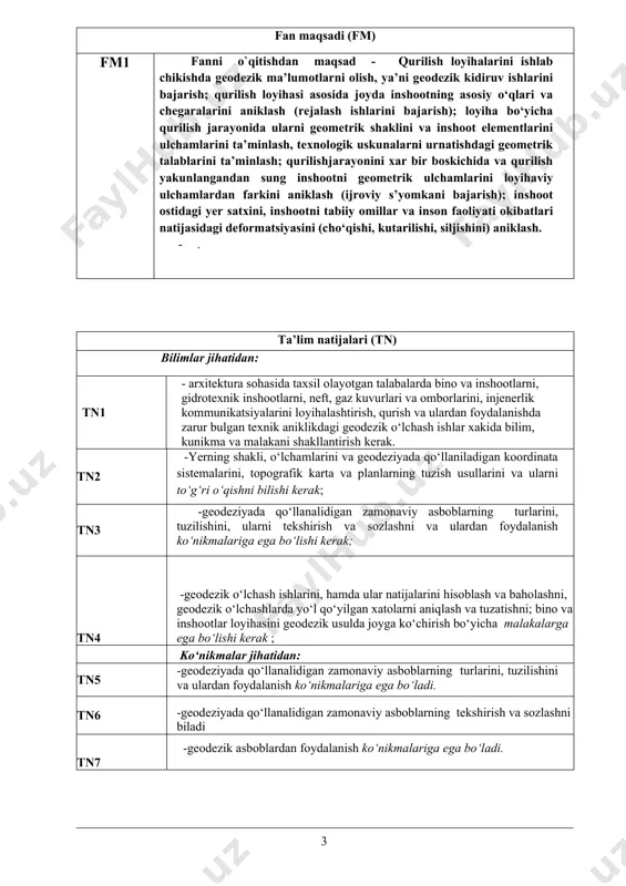 meridianlar yaqinlashish burchagi, rumb burchaklari, oriyentirlash burchaklari orasidagi bog`lanish formulalari. gorizontal va oriyentirlash burchaklari orasidagi bog`lanishlar, tekislikda togri va teskari geodezik masalalar. m4 4-mavzu. o`lchash xatolari to`g`risida tushunchalar. o`lchash xatolari klassifikatsiayasi (xato turlari, zaruriry va ortiqcha o`lchash, teng vat eng emas o`lchashlar). tasodifiy xatolarning xususiyatlari. bevosita o`lchash natijlarining aniqligini baholash (o`rta arifmetik qiymat, o`rtacha kvadratik xato, gauss formulasi, chekli xato, nisbiy xato, o`lchash natijalari funksiyasining o`rtacha kvadratik xatosi. arifmetik miqdorning o`rtacha kvadratik xatosi. ehtimoliy xato va undan foydalanib o`rtacha kvadratik xatoni aniqlash. m5 5-mavzu. topografik kartalar va planlar. masshstablar (sonly chiziqli va ko`ndalang), masshtab aniqligi. plan, karta va profil to`grisida tushuncha. kartalarni masshtablar bo`yicha klassifikatsiyasi. topografik karta va planlarni varalarga bo`linishi va nomenklatuarsi. relef, relefning asosiy shakllari, joy relefini topografik karta va planlarda tasvirlanishi. gorizontal, gorizontallarning xususiyatlari; asosiy, kushimcha va yordamchi gorizontallar. plan va kartalarning masshtablariga bogʼlik holda gorizontallarni kesim balandligini aniklash, qiyalik burchagi va nishablik uchun qoʼyilish masshtablari. topografik …