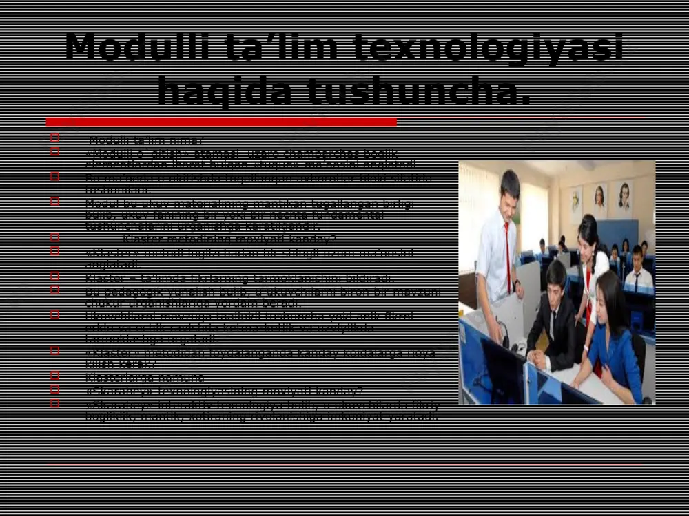 an xabardor bo’lish lozim. bu pedagogak-psixologik adabiyotlarda individual xususiyatlar deb yuritiladi.o’quvchining individual farqlari - rivojlanganlik darajasi, ukishga tayyorgarligi (qobiliyat, iqtidori)ni inobatga olib o’quv – taryuiya jarayonini (o’qish vositalari, usullari, tipi) tashkil etish ta’limni individuallashtirish deb yuritiladi. xulosa ta'limning yangi modeli jamiyatda mustaqil fikrlovchi erkin shaxsning shakllanishiga olib keladi. o'zining qadr - qimmatini anglaydigan irodasi baqquvvat, iymoni butun, hayotda aniq maqsadga ega bo'lgan, insonlarni tarbiyalash imkoniyatiga ega bo'lamiz. ana shundan keyin ongli turmush kechirish jamiyat hayotining bosh me'zoniga aylanadi. bugungi kunda ta'lim-tarbiya soxasida olib borilayotgan isloxotlar kelajakda, albatta o'z natijasini beradi. «ta'lim to'g'risidagi qonun»ni bosqichma - bosqich amalga oshirish, akademik, ilmiy va kasb xunar kollejlari tashkil qilinishi muhim axamiyatga molikdir. milliy tarbiya masalalariga e'tibor berilishi yoshlarimizni kelajakda o'z yo'lini aniq tanlashi, mustaqil fikriga ega bo'lishni ta'minlaydi. adabiyotlar: 1. «ta'lim to'g"risida»gi zbekiston respublikasining qonuni. - t. 1997. 29avgust. 2. kadrlar tayyorlash milliy dasturi. - t. 1997. 29 avgust. 3. yodgorov o.o. “pеdagogik …