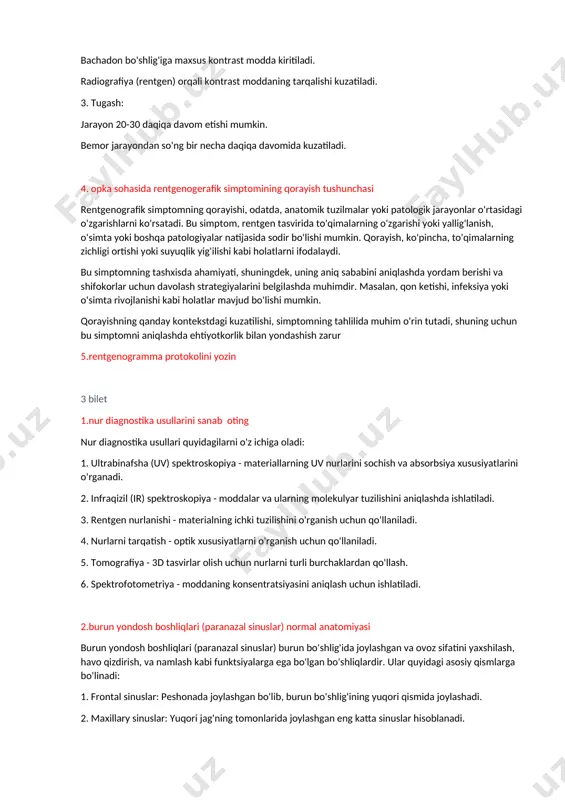 ordam beradi. 4. ultrasonografiya: bu usul suyak bo'g'imlaridagi yallig'lanish va shishlarni aniqlashda foydalidir, ayniqsa bolalar va homilador ayollar uchun xavfsiz. 5. nuklear tibbiyot usullari: radiologik izotoplar yordamida suyak metabolizmini o'rganish imkonini beradi. bu usul suyaklar va bo'g'imlardagi yallig'lanish jarayonlarini aniqlashda qo'llaniladi. 3. gisterosalpinogografiya korsatmalar va otkazish usullari; gisterosalpingografiya (hsg) — bu ayolning tuxumdonlari va bachadonining ichki holatini aniqlash uchun amalga oshiriladigan radiologik tadqiqot. bu usul ko'pincha fertilitet muammolarini aniqlashda qo'llaniladi. ko'rsatmalar: 1. fertility muammolari: qachonki ayol homilador bo'lishda qiynalayotgan bo'lsa. 2. bachadon anatomik o'zgarishlari: bachadonning tuzilishi yoki tuxumdonlar bilan bog'liq muammolar. 3. uterin patologiyalar: myoma, polip yoki boshqa o'zgarishlarni aniqlash uchun. 4. tuxumdonlar yo'qligi: tuxumdonlarning o'zaro aloqalarini tekshirish uchun. o'tkazish usullari: 1. tayyorlash: tibbiy tarixi o'rganiladi. ushbu usulni bajarishdan oldin bemor qorin sohasidagi ultratovush tekshiruvi o'tkazilishi mumkin. 2. jarayon: bemor tuxumdonni (bachadonni) tekshirish uchun ginekologik kresloda yotadi. vaginal sohasiga steril uskunalar kiritiladi. bachadon bo'shlig'iga maxsus kontrast modda kiritiladi. radiografiya (rentgen) …