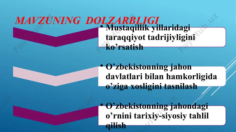 arini mustahkamlash; mintaqada tinchlik, xavfsizlik va barqarorlikni saqlash hamda mustahkamlash, yangi demokratik, adolatli va oqilona siyosiy hamda iqtisodiy xalqaro tartibni shakllantirishga ko'maklashish maqsadida turli yo'nalishlarda hamkorlikni rivojlantirish; terrorizm, separatizm va ekstremizmning barcha ko'rinish-lariga qarshi birgalikda kurash olib borish, giyohvand moddalar va qurol-yarog'ning noqonuniy savdosi hamda transmilliy jinoiy faoliyatning boshqa turlari, jumladan, noqonuniy migratsiyaga qarshi kurashish va h.k. mustaqillik yillarida xalqaro aloqalar o‘zbekiston respublikasi prezidenti shavkat mirziyoevning birlashgan millatlar tashkiloti bosh assambleyasining 72-sessiyasidagi nutqining nyuk-york shahri 2017 yil 19 sentyabr asosiy mazmuni 17 o‘tgan qisqà vaqt mobaynida mintaqada mutlaqo yangi siyosiy muhit yaratishga erishildi tinch-osoyishta, iqtisodiy jihatdan taraqqiy etgan markaziy osiyo - biz intiladigan eng muhim maqsad va asosiy vazifadir o‘zbekiston bugungi kunda o‘zining tashqi siyosatida markaziy osiyo mintaqasiga ustuvor ahamiyat qaratmoqda biz markaziy osiyo mamlakatlari bilan hyech istisnosiz barcha masalalar bo‘yicha oqilona murosa asosida hamkorlik qilishga tayyormiz 18 ushbu anjumanda mintaqadagi fundamental muammolarni muhokama qilishni rejalash-tirilgan 2017 yil noyabr oyida …