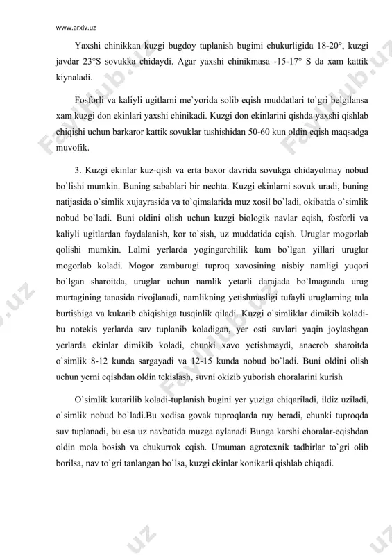 alar-eqishdan oldin mola bosish va chukurrok eqish. umuman agrotexnik tadbirlar to`gri olib borilsa, nav to`gri tanlangan bo`lsa, kuzgi ekinlar konikarli qishlab chiqadi. adabiyotlar: 1. x.atabayeva, o.qodirxujayev o`simlikshunoslik, t.yangi asr avlodi.2006 yil (lotin alifbosida). 2. o.mirzayev, t.xudoyberganov yem-xashak yetishtirish-andijon 2003 y. 3. x.atabayeva va boshq.o`simlikshunoslik, t.mexnat.2004 y. 4. i.karimov bir yillik va ko`p yillik mustaqil yurt g`allasi, t.o`zbekiston 2003 y. 5. a.omonov, x.bo`riyev, l.g`afurova, a.nurbekov bir boshoq don.t.2004 y. 6. z.umarov, a.atabayeva va boshq.non rizqi rzo`imiz, t.navruz 1994 y. 26 bet. 7. n.g.andreyev lugovoye i polevoye kormovorizvodstsvo m.kolos 1989 g.495 s. 8. x.atabayeva va boshq.yem-xashak yetishtirish.t.mexnat 1997 y. 9. bo`riyev x.ch., atabayeva x.n., qand lavlagi urug`chiligi (tavsiyanoma) 199 y. 10. zaurov d.e., sborshikova s., risovodstvo t.mexnat 1989 y.
