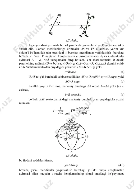 vs o‘tkazilsa, yarim kun chizig‘i bo‘lganidan ular orasidagi burchak meridianlar yaqinlashish burchagi bo‘ladi. a yea v nuqtalar kenglamasini , uzoqlamalarini d va v desak ular ayirmasi v —d = uzoqlamalar farqi bo‘ladi. yer shari radiusini r desak, parallelning radiusi ao=r bo‘lsa, a1o1a=, o1a=o1a1=r, o1aas ekanini eslab, o1ao uchburchaklikdan quyidagini yozamiz: oa=ao1cos, yoki r=rcos (a) o1as to‘g‘ri burchakli uchburchaklikdan as=ao1tg(90°-)=ao1ctg, yoki ac=r ctg (b) parallel yoyi av=l ning markaziy burchagi orqali l=r yoki (a) ni eslasak, l=r cos (v) bo‘ladi. asv sektordan s dagi markaziy burchak ni quyidagicha yozish mumkin: ,yoki , 4.8-shakl. bu ifodani soddalashtirsak, =sin (4.3) bo‘ladi, ya’ni meridianlar yaqinlashish burchagi ikki nuqta uzoqlamalari ayirmasi bilan nuqtalar o‘rtacha kenglamasining sinusi orasidagi ko‘paytmaga teng. bu formula meridianlar yaqinlashish burchagining qiymatini hisoblashda asosiy formula hisoblanadi. agar =0° bo‘lsa, =0 bo‘lib, meridianlar parallel bo‘ladi, =90° bo‘lsa,= bo‘ladi. agar ikki nuqta oralig‘ini uzunlik birligida (km hisobida) ifodalasaq (4.3) formula quyidagicha yoziladi; 4.8-shaklga ko‘ra, …