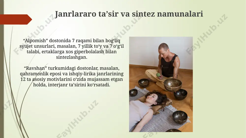 ishi, xix-xx asrlarda yangi mavzular, masalan, mehnat qoʻshiqlari, paydo boʻlishi bilan xarakterlanadi, bu esa janr evolyutsiyasining bir qismidir. xx asrda ertaklar janri urbanizatsiya va texnologiyalar taʼsirida oʻzgarishga uchradi, zamonaviy unsurlar bilan boyidi, fantastika va ilmiy-fantastik motivlar kirib keldi. ertaklar «ertak» atamasi arabcha «irtiqa» soʻzidan olingan boʻlib, oʻtmishda boʻlgan voqea-hodisalarni hikoya qilish maʼnosini anglatadi. ertaklarda doimo yaxshilik yomonlik ustidan gʻalaba qozonadi. oʻzbek ertaklarida 3 raqami koʻp uchraydi. masalan, qahramon 3 ta topshiriqni bajaradi, 3 ta aka-uka boʻladi yoki 3 kun davomida sarguzashtlarni boshdan kechiradi, bu folklor anʼanasidir. e'tiboringiz uchun rahmat @taqdimot_robot image2.jpg image3.jpg image4.jpg image5.jpg image6.jpg image7.jpg image8.jpg image9.jpg image10.jpg image11.jpg image12.jpg image13.jpg
