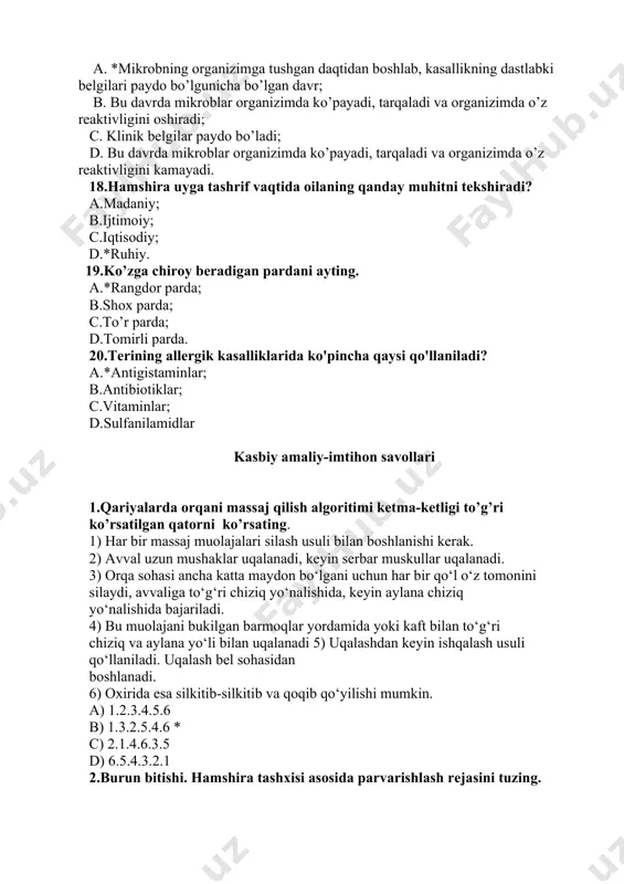 b tarqalishi,tez-tez siyish shikoyati bor hamshira tashxisini qo`ying? a.o`t tosh kasalligi b. o`tkir qorin s. buyrak sanchig`i. d.ichak sanchigi 4.to`g`risini aniqlang a. muzli xaltachani muzlatkichga qo`yib muzlatish mumkin b. ichki qon ketishlarda muzli xalta qo`yiladi c. muz xaltani cheksiz muddatga qo`yiladi d. qon bosimi ko`tarilganda muzli xalta qo`yiladi 5.o‘smalarning o‘ziga xos belgilariga quyidagilar kiradi: 1.tana haroratining ko‘tarilmaydi. 2. o‘tkir boshlanmaydi.3. orqa miya suyuqligida oqsilning ko‘tarilishi.4. qo‘l va oyoqlarda kuchli og‘riq 5. ko‘z tubida dimlanish 6.umumiy va mahalliy miya belgilarning asta-sekin rivojlanishi a. 2.4.5.6 b. 1.2.3.5.6 s. 1.2.3.4 d. 1.2.3.4.5 6.drеnajlar amaliyoti bajarilganda kanday natijalarga erishiladi? a. yiringni oqizib chiqazish, antisеptiklarni drеnaj orqali yuborish * b. umumiy anеstеziya bеrish uchun, yiringni oqizib chiqazish c. jaroxatni tеz bitishi uchun, yiringni oqizib kirgizish d. oziq moddalarni yuborish uchun, parchalangan maxsulotlarni jaroxatdan chikarish 7.yo`ldosh tushish davrida qon kеtishning sabablari? a) platsеntaning oldinda joylashuvi uning barvaqt kuchishi *b) bachadon tonusining pasayishi yudosh davrining noto`g`ri boshqarilishi, …