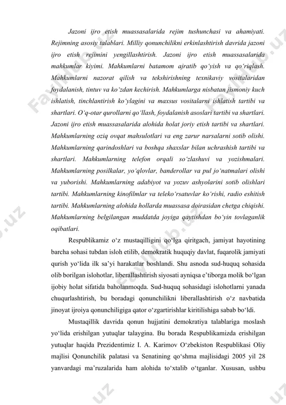 ‘ldi. mustaqillik davrida qonun hujjatini demokratiya talablariga moslash yo‘lida erishilgan yutuqlar talaygina. bu borada respublikamizda erishilgan yutuqlar haqida prezidentimiz i. a. karimov o‘zbekiston respublikasi oliy majlisi qonunchilik palatasi va senatining qo‘shma majlisidagi 2005 yil 28 yanvardagi ma’ruzalarida ham alohida to‘xtalib o‘tganlar. xususan, ushbu ma’ruzada prezidentimiz jinoyat ijroiya sohasiga taalluqli quyidagi fikrlarni bildirganlar. “jinoyat-ijroiya kodeksiga kiritilgan o‘zgartirishlar jazoni o‘tash sharoitlarini ancha yaxshilash, mahkumlarga muddatdan ilgari ozod bo‘lish huquqini beradigan moddalarni ko‘paytirish, jazoni o‘tash joylarida yashash tartibi va sharoitini sezilarli darajada yengillashtirish imkonini yaratadi. natijada jazoni manzil koloniyalarda o‘tayotgan shaxslarning ulushi qamoqda saqlanayotganlar soniga nisbatan ancha ko‘paydi. ya’ni 1990 yilda manzil-koloniyalarda jazoni o‘tayotgan shaxslar mahbuslarning umumiy soniga nisbatan 7 foiz bo‘lgan bo‘lsa, bugungi kunda bu raqam 21 foizni tashkil etmoqdi. hozirgi vaqtda o‘zbekistonda har 100 ming aholiga nisbatan qamoqdagilar soni 158 kishini tashkil etadi. ayni paytda ushbu ko‘rsatkich, masalan, aqshda-715, rossiyada-584, ukrainada-416, qozog‘istonda-386, qirg‘izistonda-390, estoniyada-339 kishidan iborat”. jazoni ijro etish muassasalarida rejim …