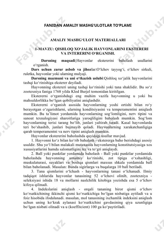 miy ko‘rinishi, zot tipiga o‘xshashligi, muskulaturasi, suyaklari va boshqa qismlari maxsus shkala yordamida ball bilan baholanadi. masalan: bunda sigirlarga va buqalarga 10 ball beriladi. 3. tana qismlarini o‘lchash - hayvonlarning tanasi o‘lchanadi. ilmiy tadqiqot ishlarida hayvonlar tanasining 52 o‘lchovi olinib, zootexniya - seleksiyasi ishida 18 va mollarni naslchilik kitobiga yozishda esa 5 o‘lchov kifoya qilinadi. 4. indekslarini aniqlash - orqali tananing biror qismi o‘lchov ko‘rsatkichining ikkinchi qismi ko‘rsatkichiga bo‘lgan nisbatiga aytiladi va u foiz hisobida ifodalanadi. masalan, mol tanasining ixchamlik indeksini aniqlash uchun uning ko‘krak aylanasi ko‘rsatkichini gavdasining qiya uzunligiga bo‘lgan nisbati olinadi va u (koeffitcient) 100 ga ko‘paytiriladi. 5. grafik usulda — bir guruh mollardan olingan tana o‘lchovi ko‘rsatgichlari 100 foiz hisobida olingach, boshqa bir necha mol guruhlari o‘lchovlarining birinchi guruh mollari o‘lchoviga bo‘lgan nisbati grafikka tushurilib, o‘zaro taqqoslanadi. 6. suratga olish usuli — ayniqsa mahsuldor mollar uchun qo‘l keladi . bunda qo‘shimcha ravishda hayvonlar ekstereri va tananing ayrim …