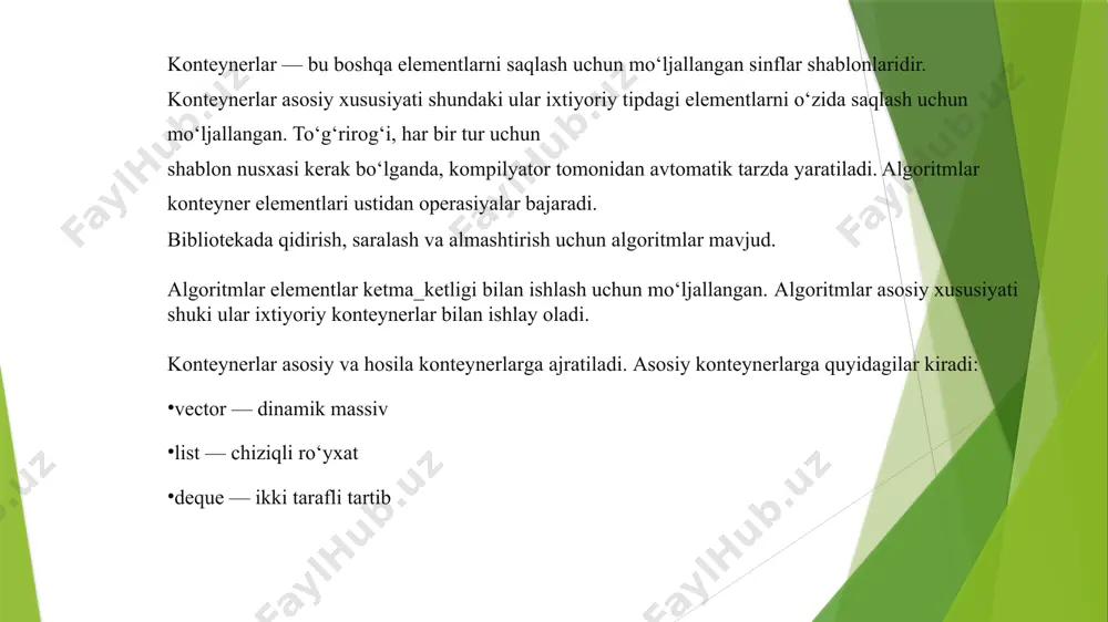 utubxonasidagi standart shablonlardan foydalanish uchun kerakli header fayllarni dasturga ulash lozim. standart andozalar kutubxonasi (stl):c++ tilidagi standart andozalar kutubxonasi (stl) konteyner sinflari va algoritmlarining boy to‘plamini taqdim etadi. ushbu konteynerlar turli funktsiyalarni taklif qiladi va har xil foydalanish holatlari uchun optimallashtirilgan. ko’p ishlatiladigan ayrim turdagi konteynerlar qo’llanilish maqsadi: vector: elementlar qo'shilganda hajmi katta bo'ladigan dinamik massiv. list: ikki marta bogʻlangan roʻyxat har qanday holatda samarali kiritish va oʻchirish imkonini beradi. map: kalit-qiymat juftlarining kombinatsiyasi natijasida hosil bo'lgan elementlarni saqlaydigan assotsiativ konteyner, bu erda har bir kalit noyobdir. set: ma'lum bir tartibda tartiblangan noyob elementlar to'plami. konteynerlardagi asosiy operatsiyalar: qo'shish: konteynerga elementlar qo'shish. kirish: konteynerda saqlangan elementlarga kirish. o'zgartirish: elementlarning qiymatini o'zgartirish. o'chirish: elementlarni konteynerdan olib tashlash. akrorlash: idishning elementlari bo'ylab o'tish. misol uchun: #include #include using namespace std; int main() { // vektor yaratish vector numbers; // elementlar qo’shish numbers.push_back(10); numbers.push_back(20); numbers.push_back(30); // accessing elements cout #include #include using namespace …