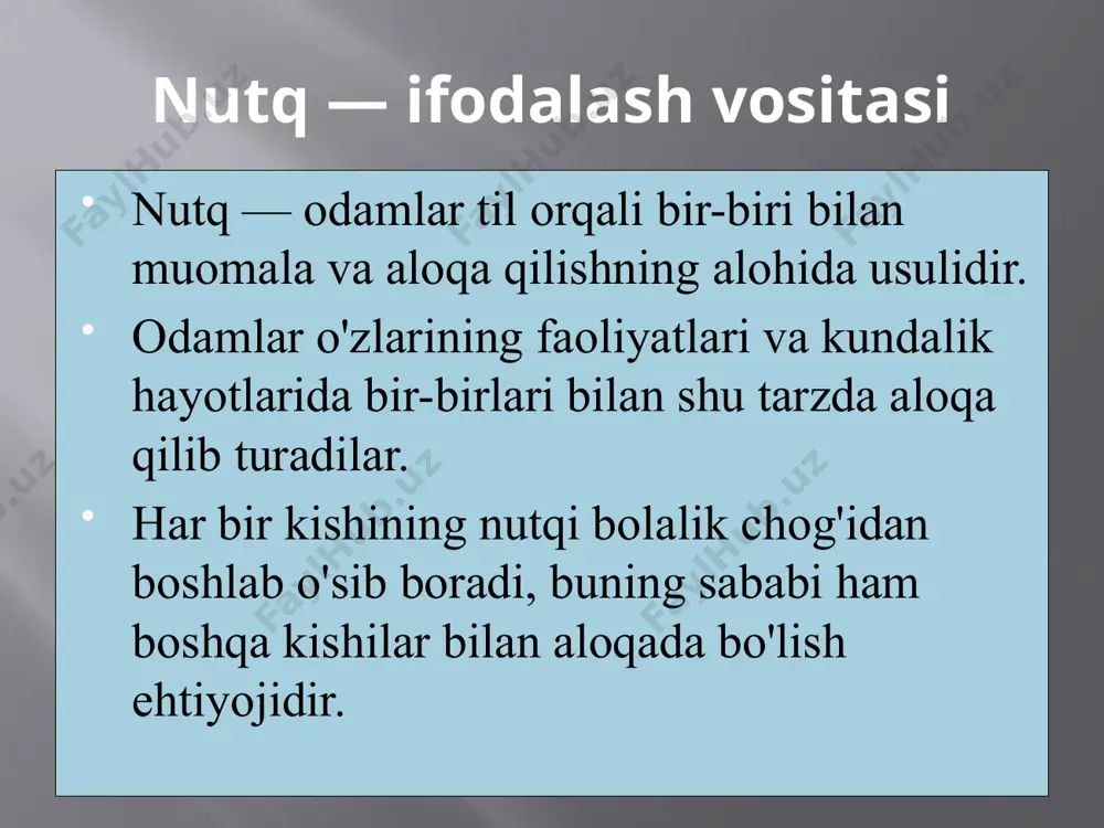 sayrash va qichqirish tarzidagi xilma-xil tovush birikmalari hayvonlarda ham bo‘ladi, lekin bu tovush birikmalari faqat tug'ma reaksiyalardir — tashqi yoki ichki ta‘sir sababli tug'iladigan shartsiz reflekslardir. nutq — ta‘sir ko‗rsatish vositasi bo'lib xizmat qiladi. ta‘sir ko'rsatish — biz nutqimizni kimga qaratayotgan bo'lsak, shu kishida biz istagan hislar, intilishlar va harakatlarni tug'dirish, ularning fikrini biz istagan tomonga burish, ularni o'zimiz xohlaganimizcha o'ylashga majbur etish, ularni ishontirish demakdir. nutq — ta‘sir ko'rsatish vositasi ichki nutq ichki nutqning o'z xususiyatlari bor. bu nutq, ko'pincha tovushlar ovoz chiqarib aytmaydigan nutqdir, bu nutq odam ―o'z ichida gapiradigan‖ nutqdir. ba‘zan ichki nutq ―tashqariga‖ chiqadi, ya‘ni tovushlar ovoz chiqarib aytiladi shakl jihatidan ichki nutq ko'proq monolog tarzida sodir bo'ladi, ichki nutqni odamning o’z-o’zi bilan va o'zicha gaplashuvi deyish mumkin. lekin ba‘zan ichki dialog shaklida, xayoldagi suhbatdosh bilan gaplashish yoki munozara qilish tarzida ham sodir boladi.. tashqi nutq. tashqi nutq boshqa odamlar bilan aloqa qilishimizda foydalaniladigan nutqdir. bu …