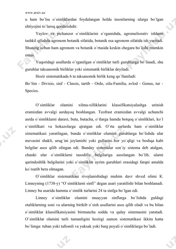 va yuksak yoki barg poyali o`simliklarga bo`ladi. tuban o`simliklar. tuban o`simliklar kelib chiqishi jihatidan sodda tuzilgan organizmlar bo`lib, ularning tanasi organ (ildiz, poya, barg) larga ajralmagan va haqiqiy to`qimalari bo`lmaydi. ularning tanasi kattana yoki tallom deb ataladi. hozir 200 mingdan ortiq turi aniqlangan (ko`pi suvda). shundan 3000 dan ortiq tur va shakllari o`zbekistonda tarqalgan. ayrim tuban o`simlik vakillarida (shilimshiq zamburug`lar, zamburug`lar, bakteriyalar) xlorofil bo`lmaganligi sababli, ular karbonat angidridni mustaqil o`zlashtira olmaydi. natijada tayyor organik moddalar hisobiga oziqlanadi. bularni geterotrof deyiladi. bu organizmlarning ba`zi vakillari o`simlik va hayvon qoldiqlari, ya`ni chirindilar hisobiga yashaydi. oziqlanish usulining bu turiga kiradigan o`simliklarni saprofit organizmlar deb yuritiladi. yana ayrimlari esa tirik o`simlik yoki hayvonlar hisobiga yashaydi. ular parazit organizmlar deyiladi. tuban o`simliklardan suv o`tlari va lishayniklar avtotrof yo`l bilan oziqlanadi. viruslar bo`limi - virophyta. viruslar (yunoncha - virus - zahar) - bular yuqumli kasalliklarga sabab bo`ladigan ultramikroskopik tanachalardir. ular tirik organimzlarda ko`p uchraydi. ular tayoqcha, …