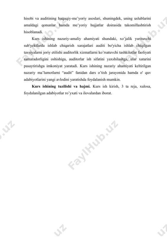 igan namunaviy audit rejasi ishlab chiqish va rejalashtirish chog’ida tannarx auditi dasturini batafsil tuzishga maxsus e’tibor qaratish zarur. bunday namunaviy rejalar bir nechta bo’lib, ular bir-birlaridan turli biznesga ega korxonalar uchun farq kilishlari mumkin. masalan, savdo korxonalari, ishlab chiqarish va xizmat ko’rsatish korxonalari va xokazo. shuningdek auditor qandaydir boshqa tamoyillar bo’yicha umumiy namunaviy rejalar ham tuzishi mumkin. ishlab chiqarish xarajatlari auditining umumiy rejasi: mijoz faoliyati bilan tanishish, mahsulot(ish, xizmat) bilan bog’liq dastlabki rejalashtirish, tekshiriladigan xo’j alik yurituvchi sub’ektning ichki nazorat tizimini baholash, tanlash hajmi va ahamiyatlilik darajasini aniqlash, mahsulot tannarxini auditi bo’yicha dasturni tayyorlash, auditni bevosita o’tkazish jarayoni (dasturni bajarish), bajarilgan ishlar natijalarini tahlil qilish, barcha oraliq va umumiy hujjatlarni tayyorlash, tekshiruv natijalarini mijozga takdim etish va xokazolarni o’z ichiga olgan holda audit o’tkazishning barcha bosqichlarini aks ettirishi lozim. standartda ko’rsatilishicha, auditor umumiy rejada audit o’tkazish muddatlari va audit o’tkazish grafigini tuzishni, auditorlik hisoboti (xo’j alik yurituvchi sub’ekt raxbariyatiga yozma …