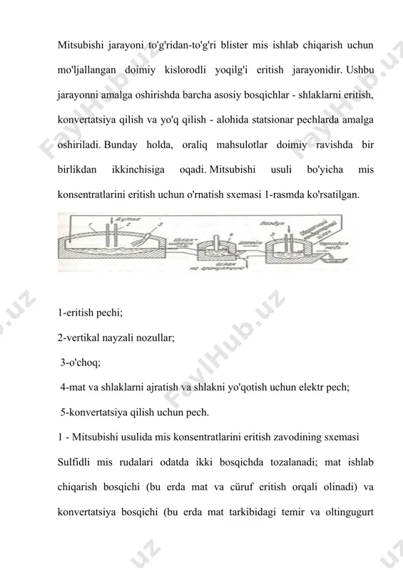 rli mis kessonlardan yig'iladi. mis kessonlarining pastki qatori suv bilan sovutilgan mis plitalarga o'rnatiladi, ular pechning o'chog'iga tayanadi. tuyer kessonlarining birinchi qatori hududida o'choq to'rtburchaklar kesimga ega. kesonlarning ikkinchi va uchinchi qatorlari hududida o'choq trapezoid shaklida ajratuvchi bilan amalga oshiriladi. apteyka ham to'rtburchak shaklga ega. pechning ikki tomonidagi kessonlarning pastki qatorida shlakli qatlamga kislorod-havo aralashmasi va tabiiy gaz yuboriladigan naylar mavjud. kesonlarning yuqori qatorida joylashgan tuyerlar o'chirish davrida pechni tabiiy gaz bilan isitish uchun, shuningdek, sulfid zaryadini eritish jarayonida elementar oltingugurtni keyingi yoqish uchun ishlatiladi. aptekada havo-kislorod aralashmasi oqimida elementar oltingugurtni yakuniy yoqish uchun yana to'rtta tuyer o'rnatilgan. 1.20-rasm - vanyukov pechining dizayni vanyukov pechidan shlak va matning chiqishi doimiy va alohida sodir bo'ladi. bu o'choqning qarama-qarshi uchlarida joylashgan ikkita mustaqil sifon yordamida amalga oshiriladi. mat va shlakli sifonlar refrakter g'ishtlardan yasalgan bo'lib, ularda suv bilan sovutilgan elementlar o'rnatiladi. shlakli sifon eritish zonasidan sirg'aluvchi mis quvurlardan yasalgan qism bilan ajratiladi.matli …