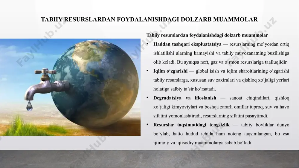ndoshuvlar – 3: iqtisodiy mexanizmlar iqtisodiy mexanizmlar tabiiy resurslardan foydalanishni boshqarishda muhim rol o‘ynaydi. ularga ekologik soliqlar va to‘lovlar kiradi, bu vositalar ifloslantiruvchi va resurslardan ortiqcha foydalanadiganlarni moliyaviy javobgarlikka tortadi. “ifloslantiruvchi to‘laydi” prinsipi asosida, atrof-muhitga zarar yetkazgan sub’ektlar ekologik to‘lovlarni amalga oshiradi, bu esa ularni atrof-muhitni muhofaza qilishga undaydi. barqaror investitsiyalar va yashil iqtisodiyot rivojlanishi tabiiy resurslarni tejash va qayta tiklashga yo‘naltirilgan loyihalarni qo‘llab-quvvatlaydi. bu yondoshuv iqtisodiy o‘sish bilan ekologik barqarorlikni uyg‘unlashtirishga xizmat qiladi. xalqaro tajriba xalqaro tajriba tabiiy resurslarni boshqarishda samarali yondoshuvlarni o‘rganishga katta yordam beradi. norvegiyada neft fondining barqaror boshqaruvi orqali mamlakat neftdan tushgan daromadlarni kelajak avlodlar uchun saqlab qolish tizimi tashkil etilgan. yaponiya chiqindisiz ishlab chiqarish — “zero waste” konsepsiyasini ilgari surib, chiqindilarni kamaytirish va qayta ishlashda dunyoda yetakchi o‘rinlarni egallaydi. niderlandiya esa yer va suv resurslarini kompleks boshqarish tizimini rivojlantirib, resurslarning samarali va barqaror ishlatilishini ta’minlaydi. bu misollar tabiiy resurslarni boshqarishda innovatsion va integratsiyalashgan yondoshuvlarning muhimligini …