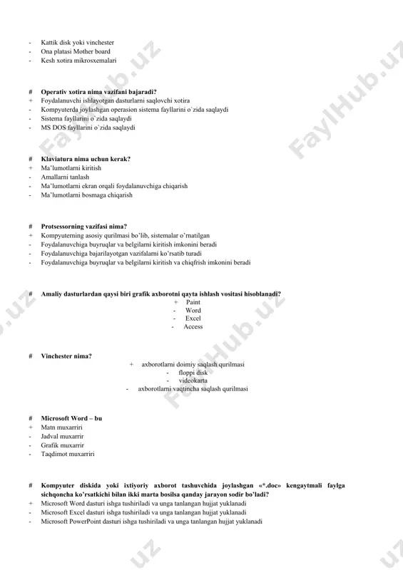 n mo’ljаllаngаn? + mаtnli mа’lumоtlаrni qаytа ishlаydigаn dаstur - fоtо tаsvirlаrni qаytа ishlаydigаn dаstur - jаdvаlli mа’lumоtlаrni qаytа ishlаydigаn dаstur - intеrnеt хizmаtini ko’rsаtuvchi dаstur # mirosoft word matn muharririga kirish ketma-ketligi? + пуск – все программы –microsoft office- mirosoft word - пуск – программы – стандартная – mirosoft word - пуск – mirosoft word - mirosoft word # microsoft word dasturiga yuklangan hujjatni yopish tartibi to’g’ri kеltirilgan javobni ko’rsating + «файл\закрыть» mеnyu amalini bajarish - *«файл\открыть» mеnyu amalini bajarish - «свернуть» tugmasini bosish - файл\печать mеnyu amalini bajarish # diskni formatlash uchun diskni belgilab kontekst menyudan… ni bosamiz + форматировать - копировать - свойства - открыть # ms word dasturida yaratilgan faylining kengaytmasi qaysi javobda keltirilgan? + .doc - .mdb - .xls - .gif # boshqaruv panelining (панелуправления) aloqa va internet sozlamalarini o`zgartirish qaysi bo`limda to`g`ri keltirilgan + сеть и интернет - система и безопасность - оборудование и звук …