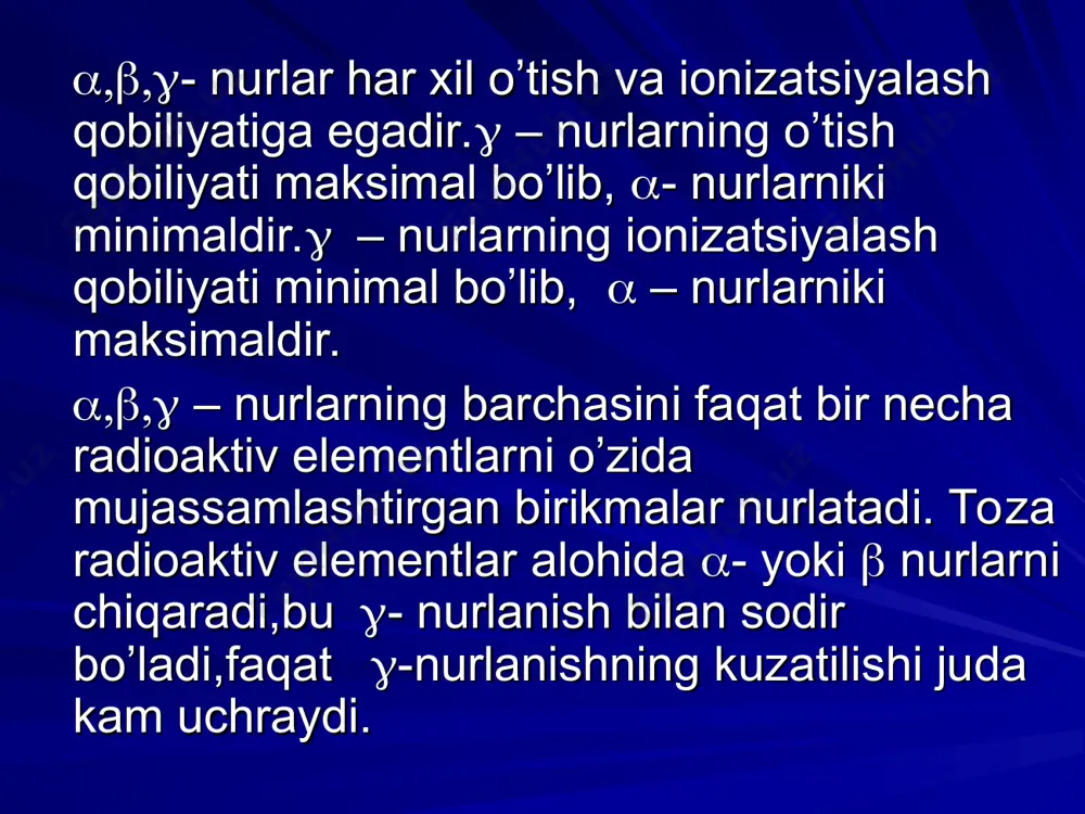 n/dt, agar n=n0e-λt ni hisobga olinsa, natijada : at=a0e-λt hosil qilish mumkin. a0- boshlang’ich vaqt (t=0) momentidagi aktivlik. aktivlik vaqt o’tishi bilan eksponensial qonun bo’yicha kamayadi. 1ku(kyuri)=3,7*1010 parch/c =3,7*1010 bk 1mku=1(millikyuri)=10-3ku = 3,7*1010 parch/c 1mkku=1(mikrokyuri)=10-6ku = 3,7*104 parch/c 1rd(rezerford)= 106parch/c, bundan 1mku=37rd radiodiagnostika – bu organizmga radionuklidlarni (nishonlangan atomlarni) kiritish va schyotchiklar yoki gamma-topograflar yordamida ularning joylashishini va aktivligini aniqlash usulidir (masalan, qalqonsimon bez kasalliklarida unga radioaktiv yod 53j125 yoki 53j131 larni kiritilishi). avtoaradiografiya – diagnostika usuli bo’lib, unda radionukleotidlarni mos kelgan joylarda to’qimalarga joylashtirilgan fotoemulsiyada iz qoldirishi yani fotosuratini olish hisoblanadi. fotoemulsiya gistologik kesimda surkaladi va proyav- kadan keyin mikroskopda ko’riladi. * asas ionlovchi nurlanishlarning organizmga salbiy ta’siri va nur kasalligini rivojlanishi ular ta’sirini miqdoriy baholashga, natijada atom fizikasida ilmiy yo’nalishini vujudga kelishiga olib keldi,u dozimetriya deb nom oldi. dozimetriya – yadro fizikasi va o’lchash texnikasining bir bo’limi bo’lib, unda ionlovchi nurlanishlarning moddalarga ta’siri, shuningdek ularni o’lchash usullari va …